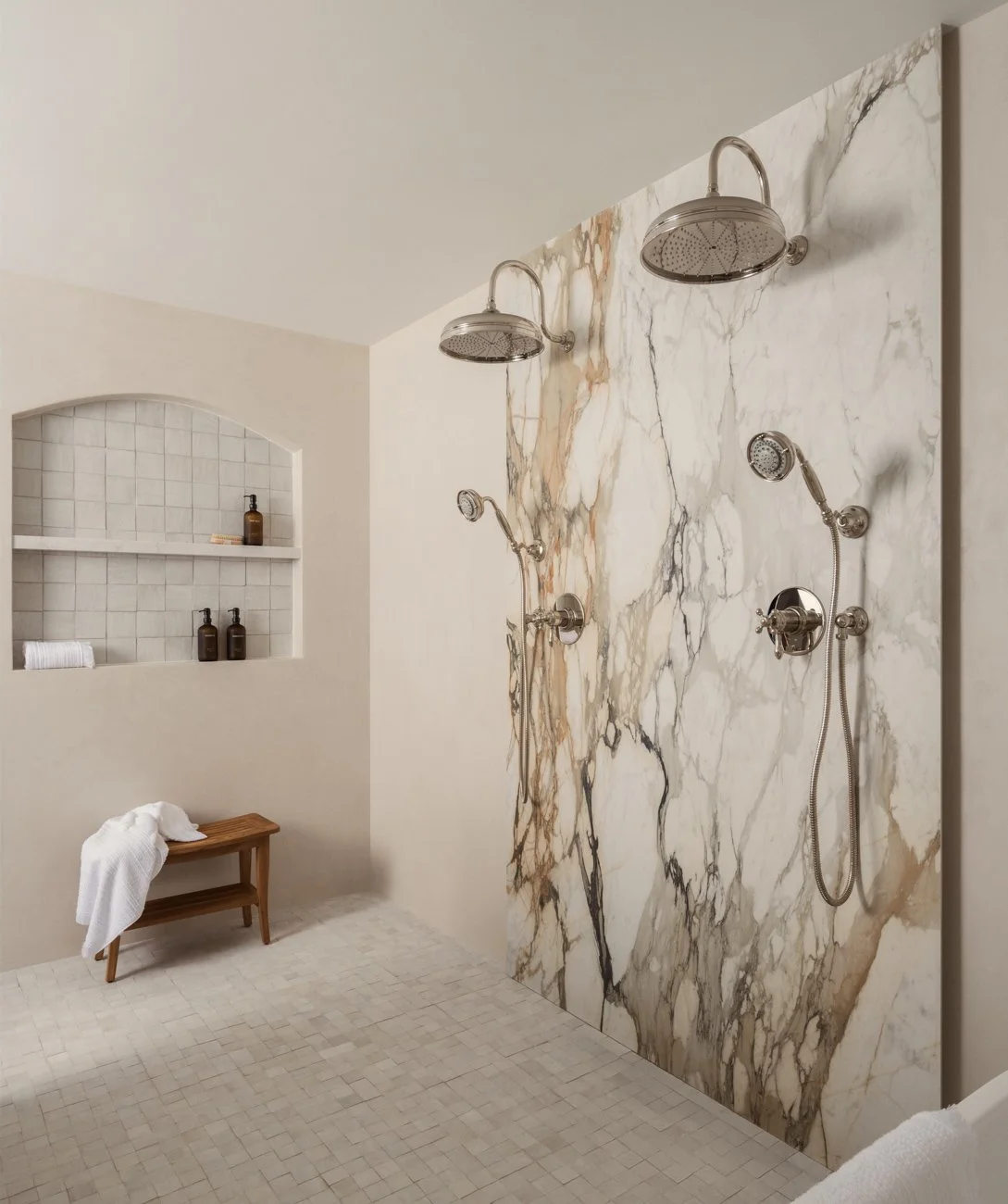 Luxurious walk-in shower with two large rainfall shower heads, a handheld shower, and a marble wall, with a built-in shelf for toiletries and a wooden bench with a towel.