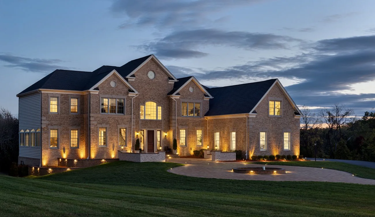 A large, brick and siding house illuminated at dusk with exterior lighting, surrounded by a well-maintained lawn and a circular driveway.