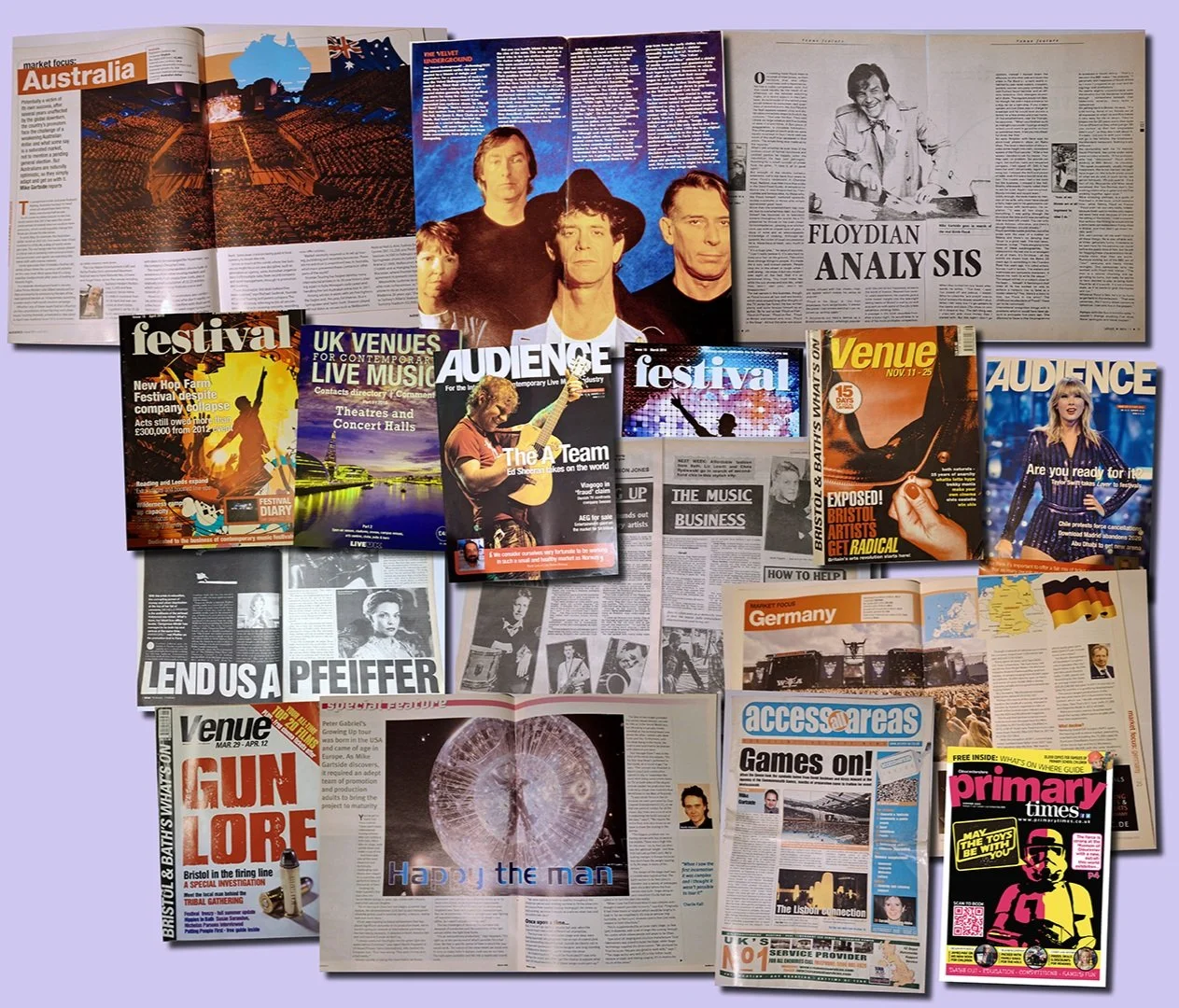 Magazine covers (Audience, Venue, Festival, Live UK and Access all areas) and articles which Mike Gartside has edited, sub-edited, or regularly contributed to over many years, from celebrity interviews to in depth business features.