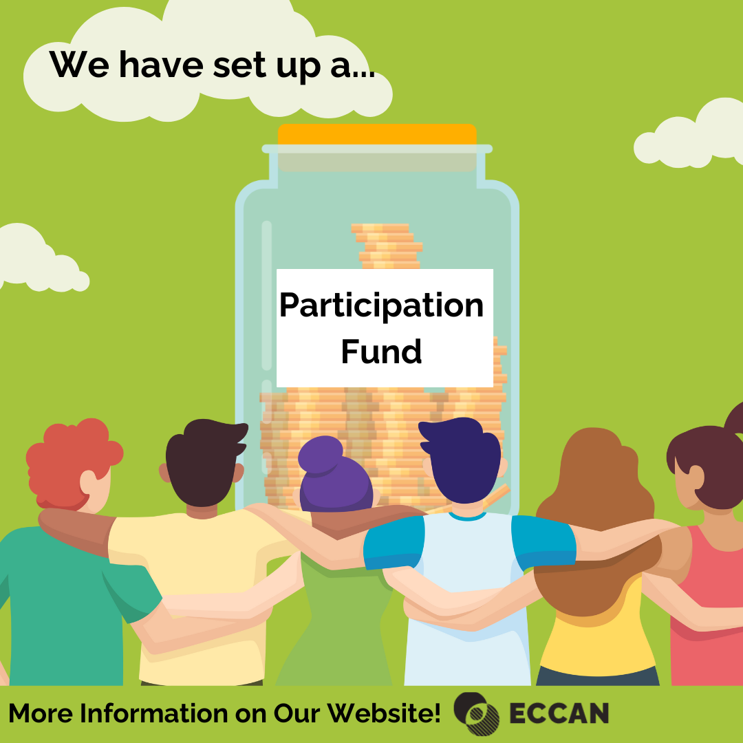 4 people with arms around each other shoulders looking at a jar called "participation fund"