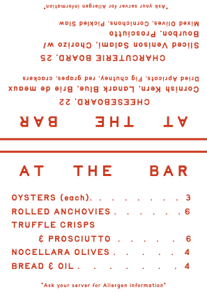Upside-down menu from a restaurant named Cheddar's Scratch Kitchen. The menu lists options such as oysters, rolled anchovies, truffle crisps, prosciutto, Nocellara olives, bread & oil, and a cheese bar with various wine and cocktail options. The restaurant is located at 22 Chesterfield Rd, at the corner of Belt de Murray.