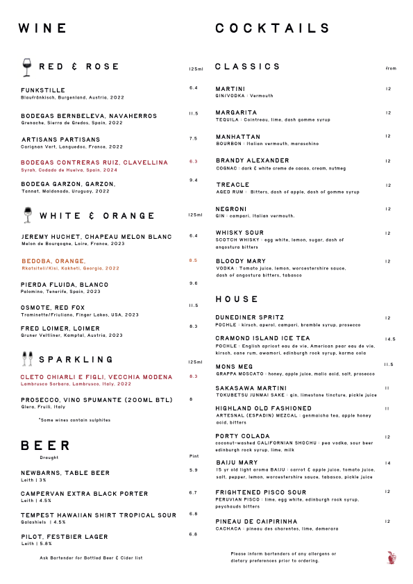 Menu featuring wine and cocktails, including red and rosé wine, various craft beers, sparkling drinks, and a selection of classic and house cocktails like Martini, Margarita, Manhattan, Negroni, Whiskey Sour, and Bloody Mary, with prices and descriptions.