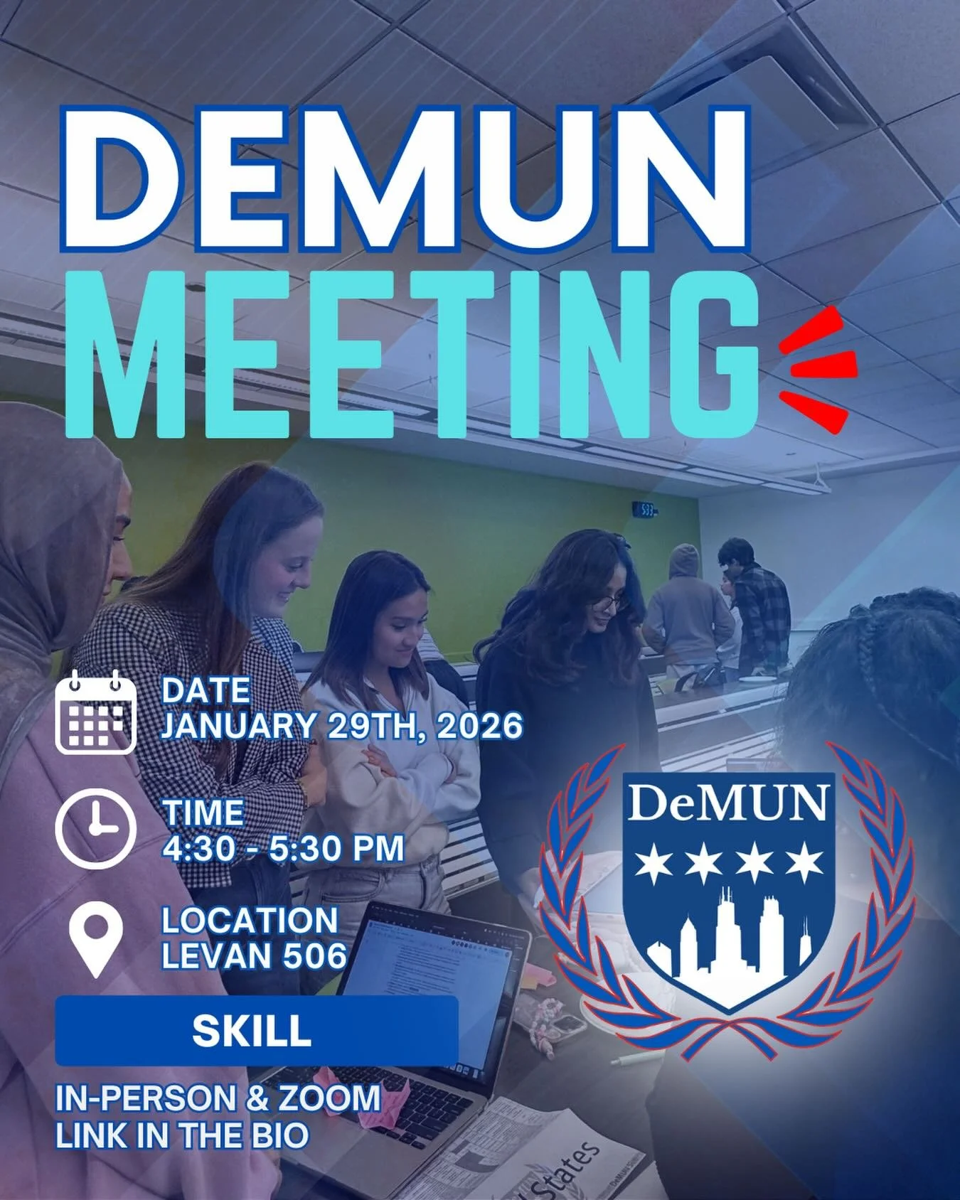 We have a skill meeting taking place THIS THURSDAY! Join us to strengthen your Model UN skills as we prepare for our simulation next week!

🗓️January 26th, 2026
⏱️4:30-5:30 pm
📍Levan 506

See you all there!