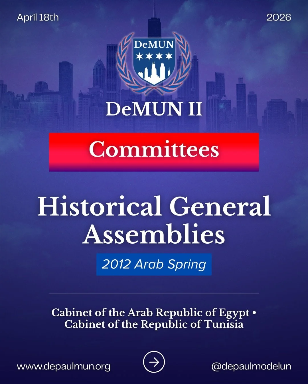 Historical General Assemblies &mdash; 2012 Arab Spring

Our Historical General Assemblies place delegates inside the Cabinets of Egypt and Tunisia during the aftermath of the Arab Spring.

Working within real political constraints of 2012, delegates 