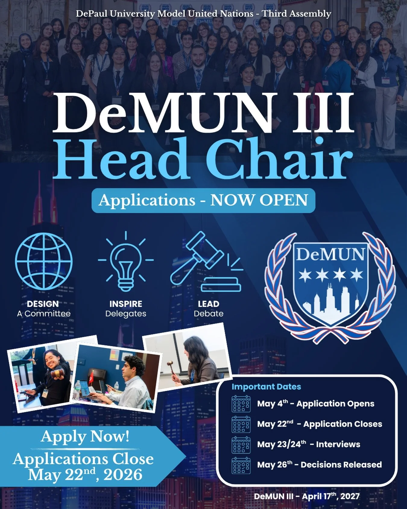 DeMUN III Head Chair applications are officially open! This is your opportunity to take full ownership of a committee, from building the background guide to leading debate on conference day! 

We are looking for people who can write a strong backgrou
