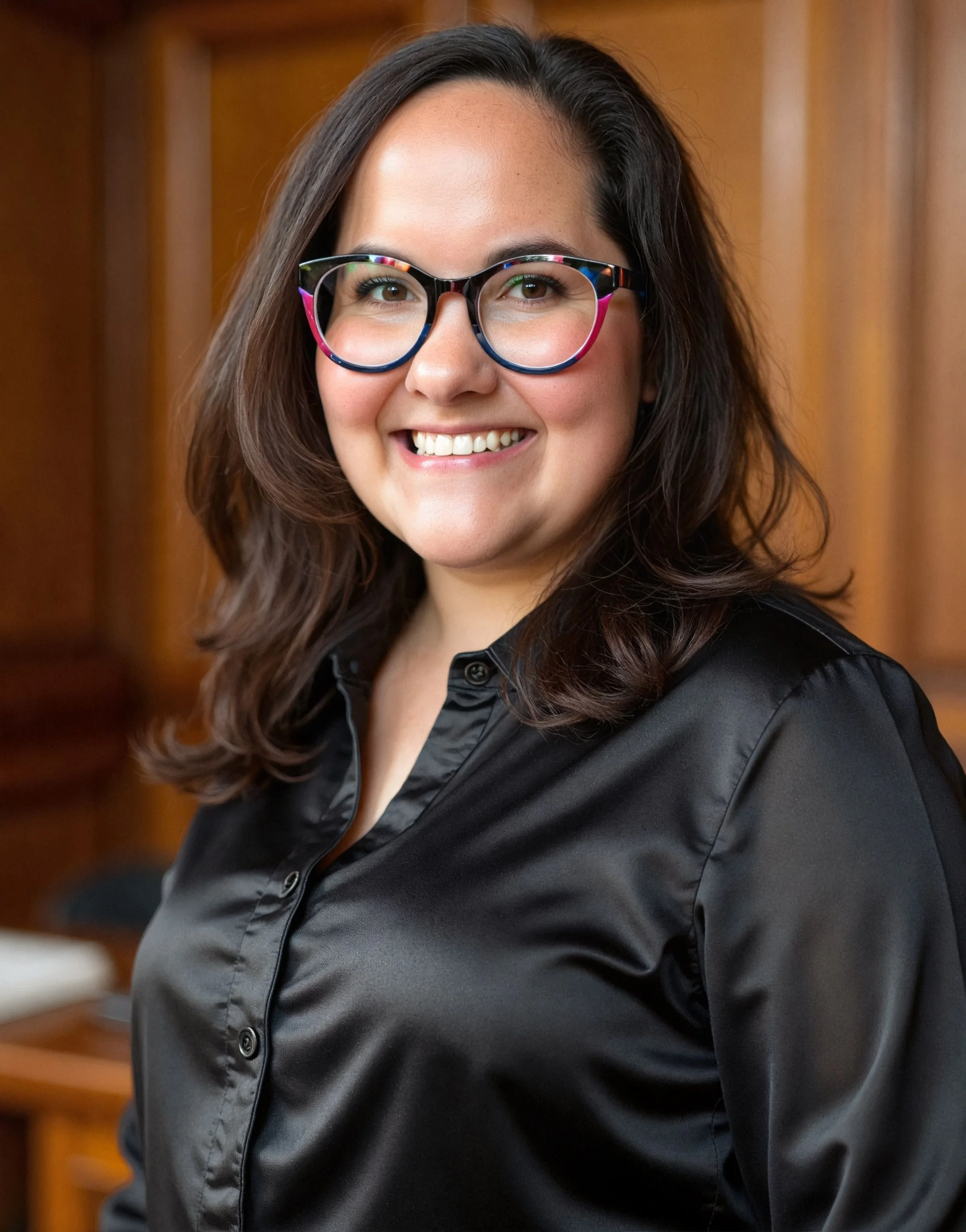 Photo of Attorney Sarah Adkins, a female with colorful glasses, brown hair, brown eyes, and a black shirt.