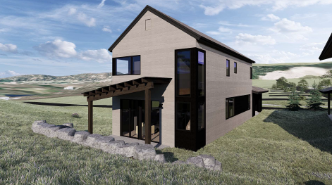 Modern two-story house with large windows and a sloped roof, situated in a grassy landscape with hills in the background, under a blue sky with clouds.