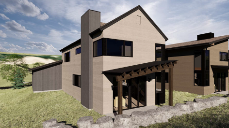 Modern two-story house with wooden exterior and large windows, surrounded by grass and stone path.