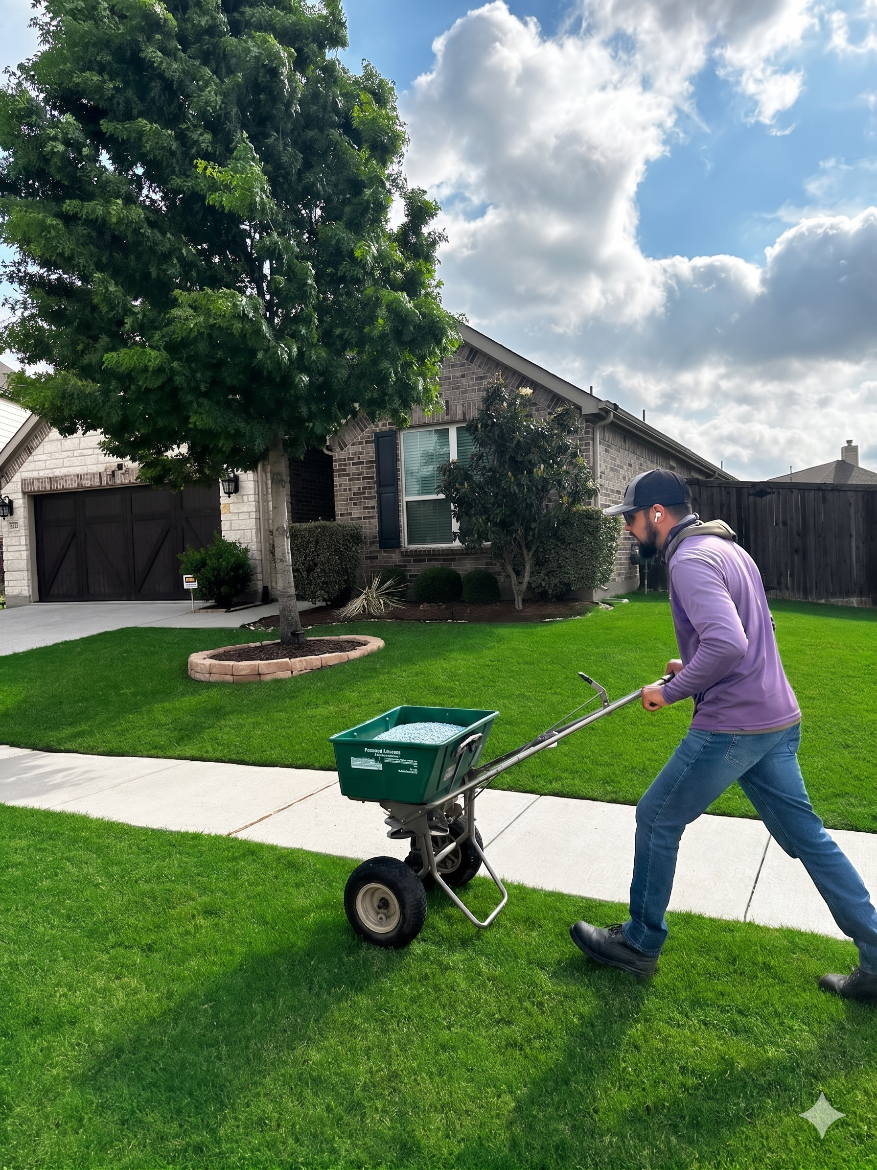 "Professional lawn fertilization service being applied to a green lawn in Allen, TX."