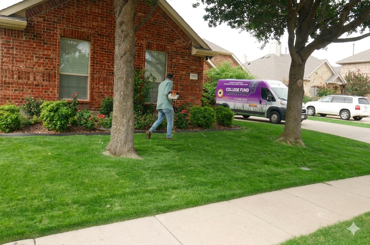 College Fund Landscaping technician mowing a lush, dark green residential lawn in Plano TX with a branded service van in the driveway.