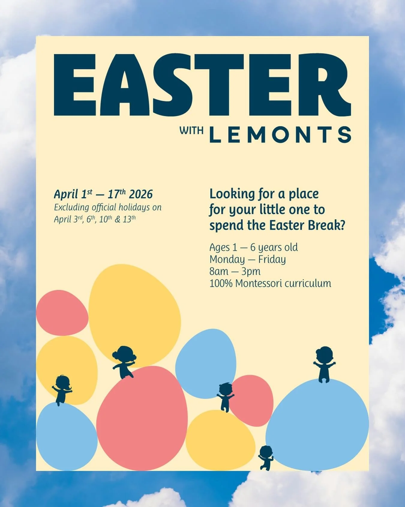 Keep your little ones learning this Easter break and join us from April 1st - 17th! For more information call us on 01 971 490 or 81 680 170 between 8am and 3pm.