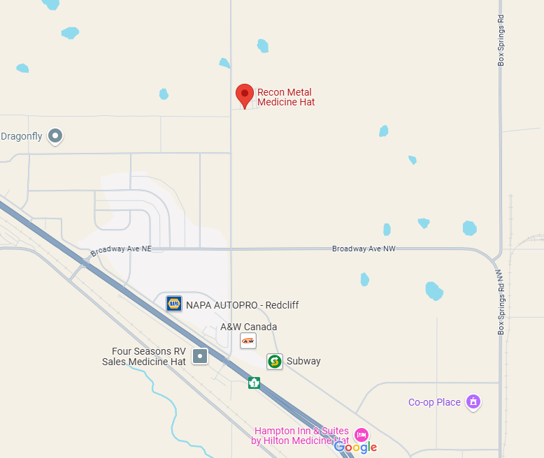 Map showing the location of Recon Metal Medicine Hat and nearby businesses and roads in Medicine Hat, Alberta.