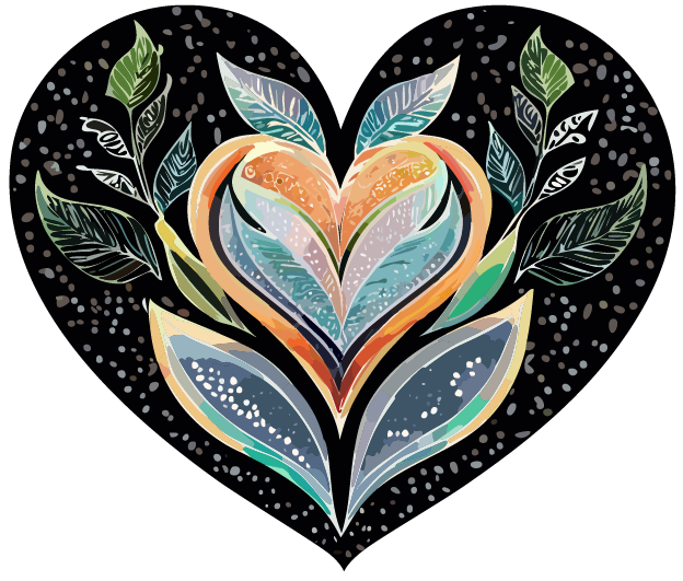 A colorful, stylized heart-shaped design surrounded by green leaves and white dots, with a dark background.