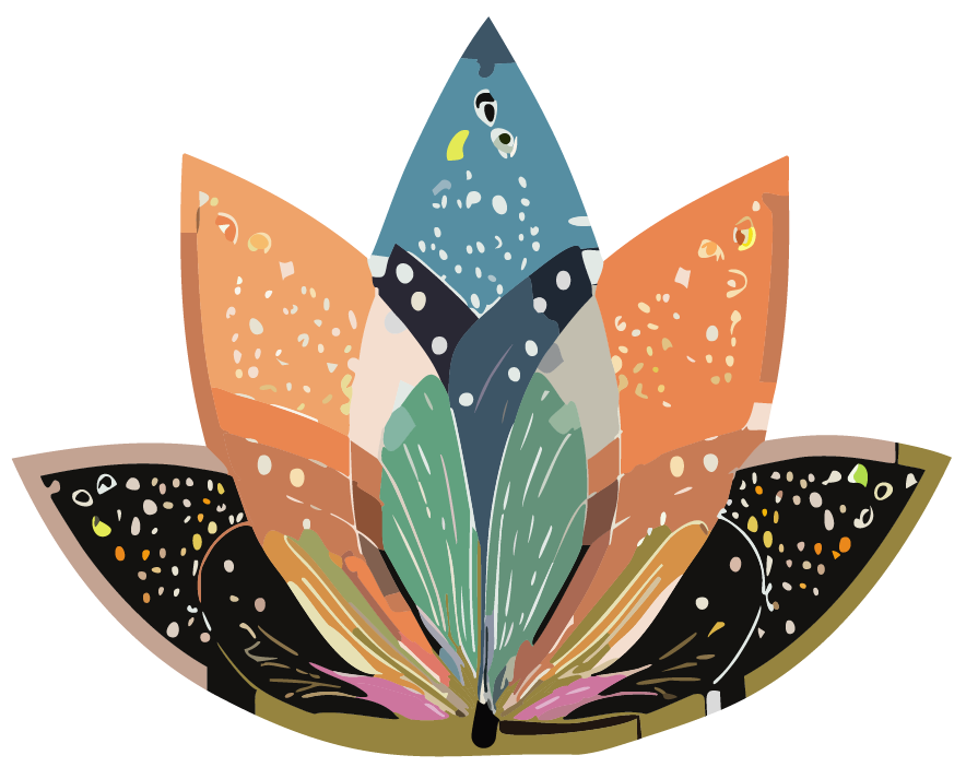 Colorful, stylized butterfly with detailed wings in shades of blue, orange, black, and green, featuring patterns and spots.