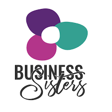 Logo featuring three flower petals in purple, white, and teal with the words 'Business Sisters' beneath in black and cursive font.