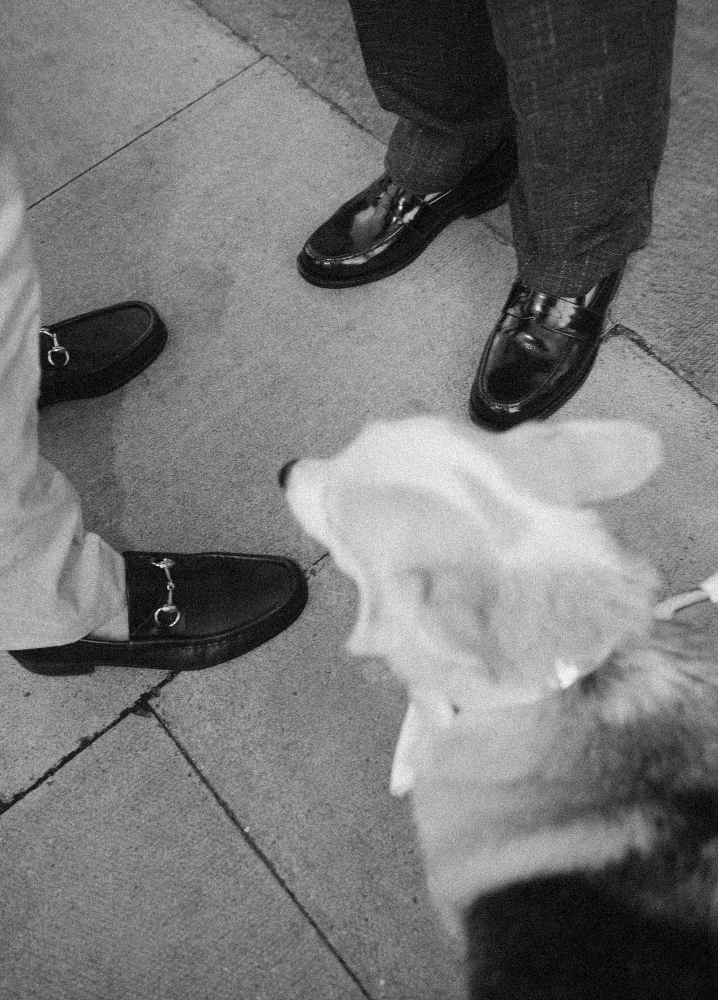 View of a person's legs and shoes standing on a concrete sidewalk. The person is wearing dark, polished leather shoes and dark pants. An out-of-focus flower is partially visible in the foreground of the image.