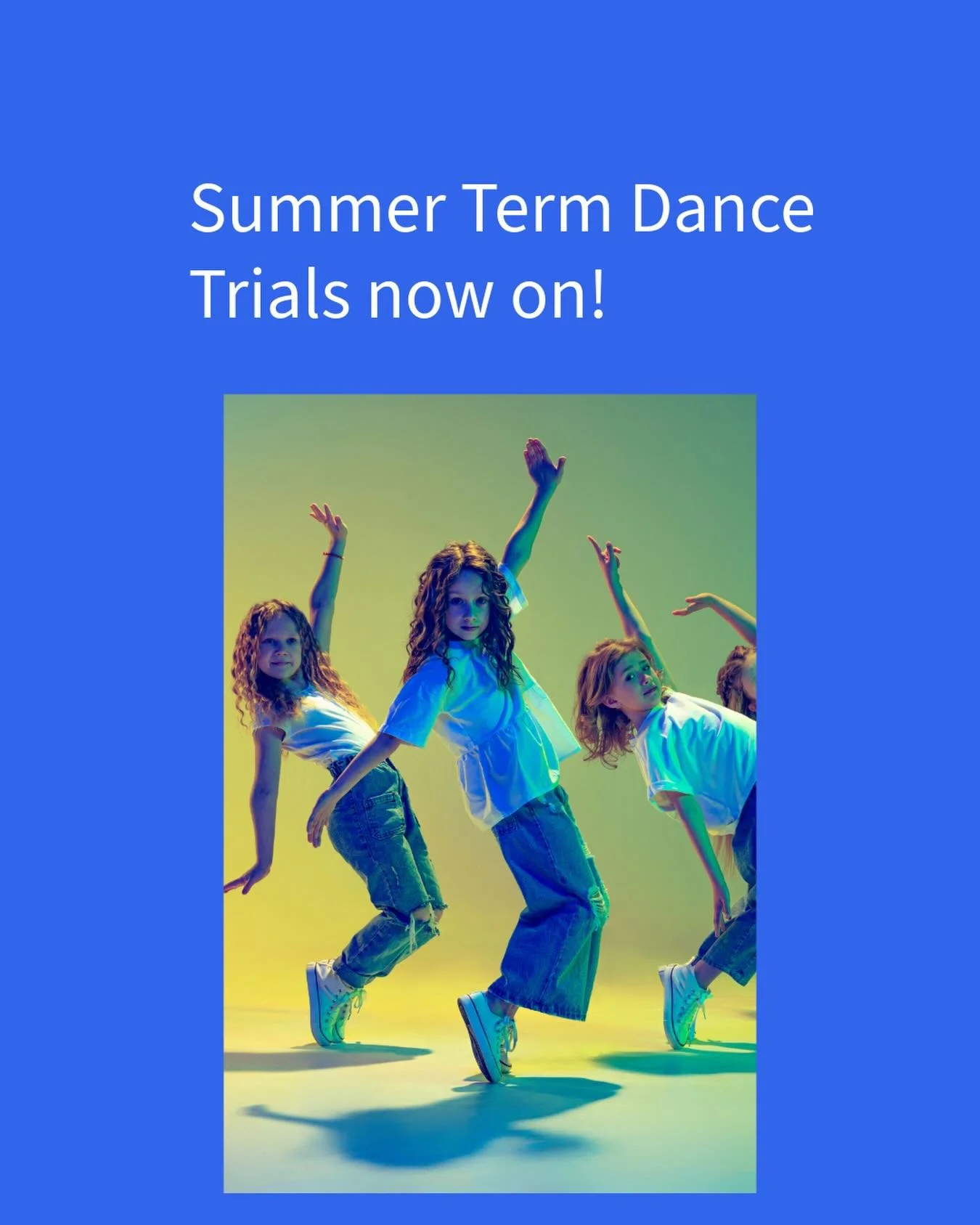 ☀️✨ Summer Term Trials Are Open! ✨☀️

We&rsquo;re offering three‑week trial spots in classes with space &mdash; perfect for new pupils (please spread the word 💛) and ideal for our Year 2 + Year 6 dancers who might be ready to explore the next age gr