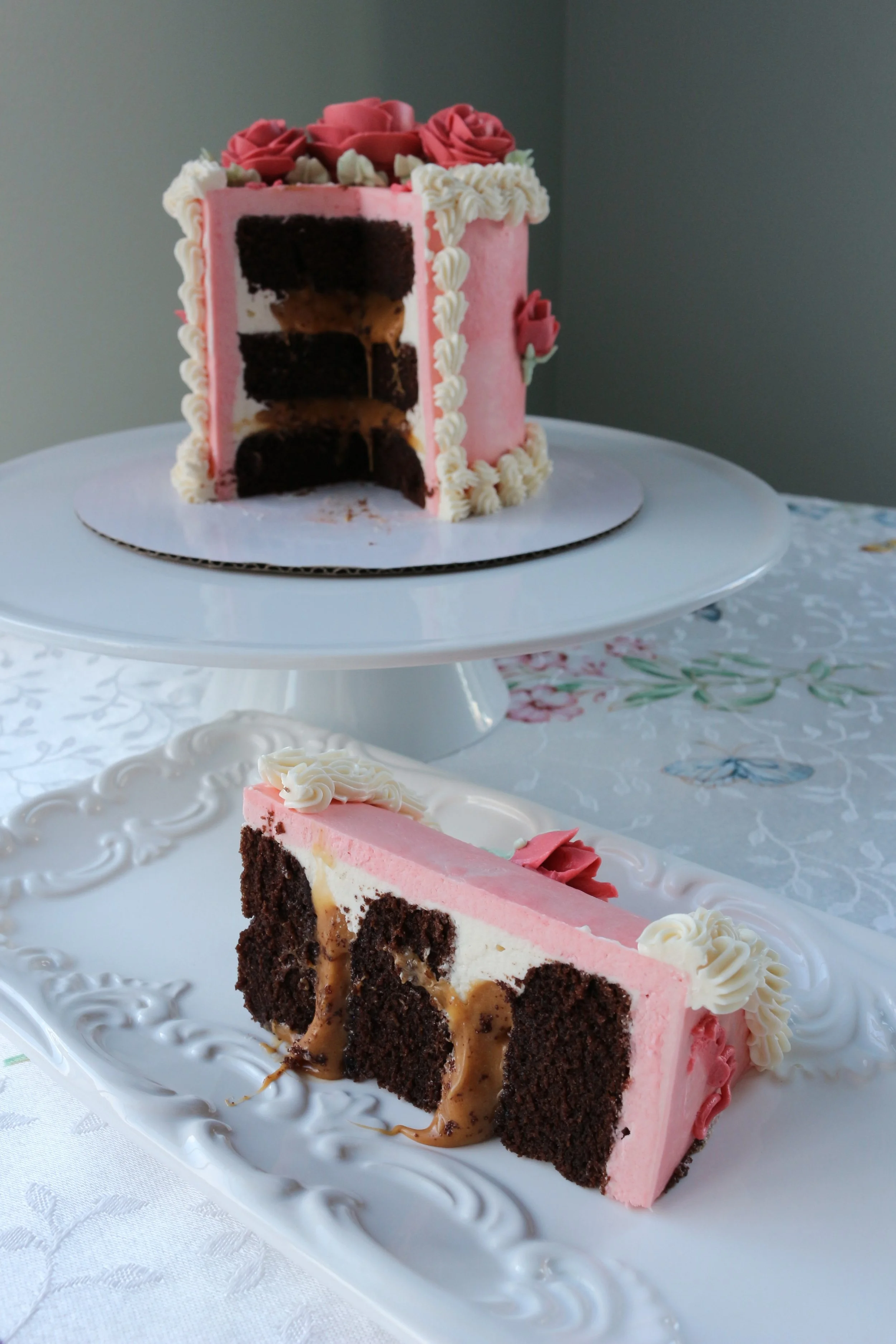 Slice of cake. Vintage piping on a Valentine's Day Cake. Cakes by Caroline.