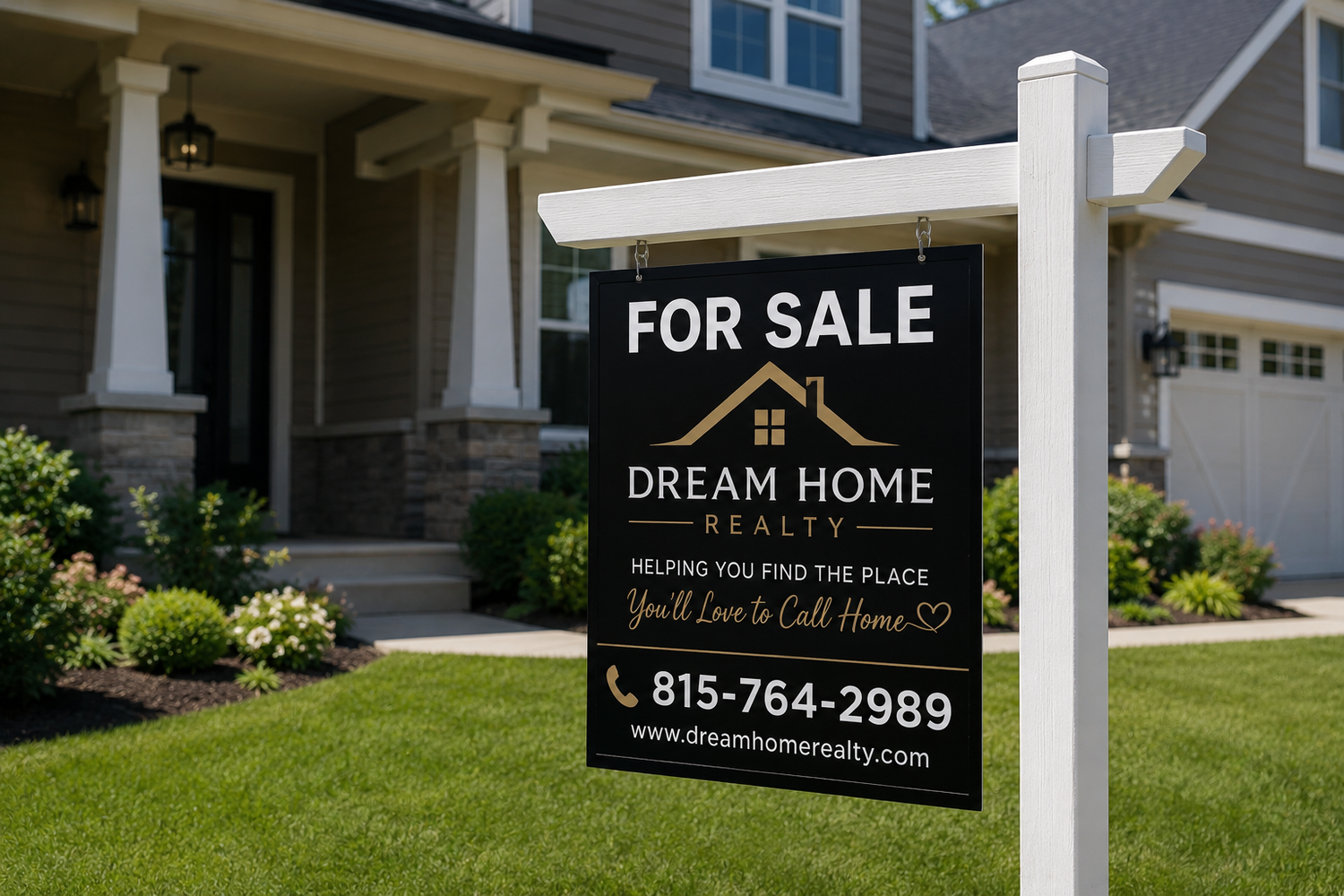 Custom real estate sign installed outside a home