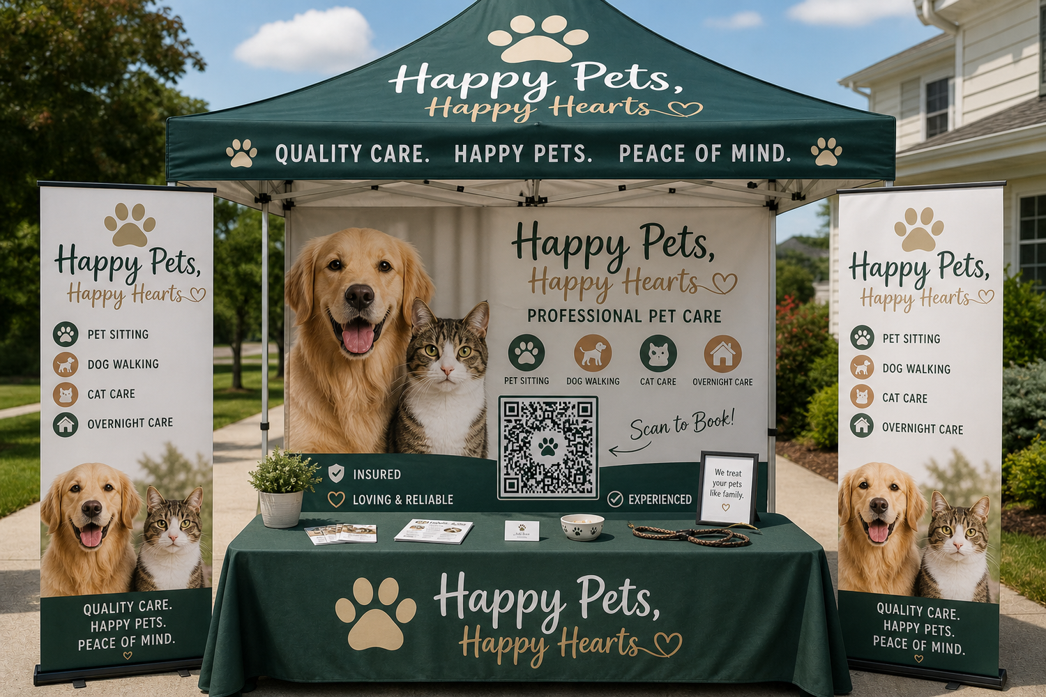 Outdoor display tent with banners and flags