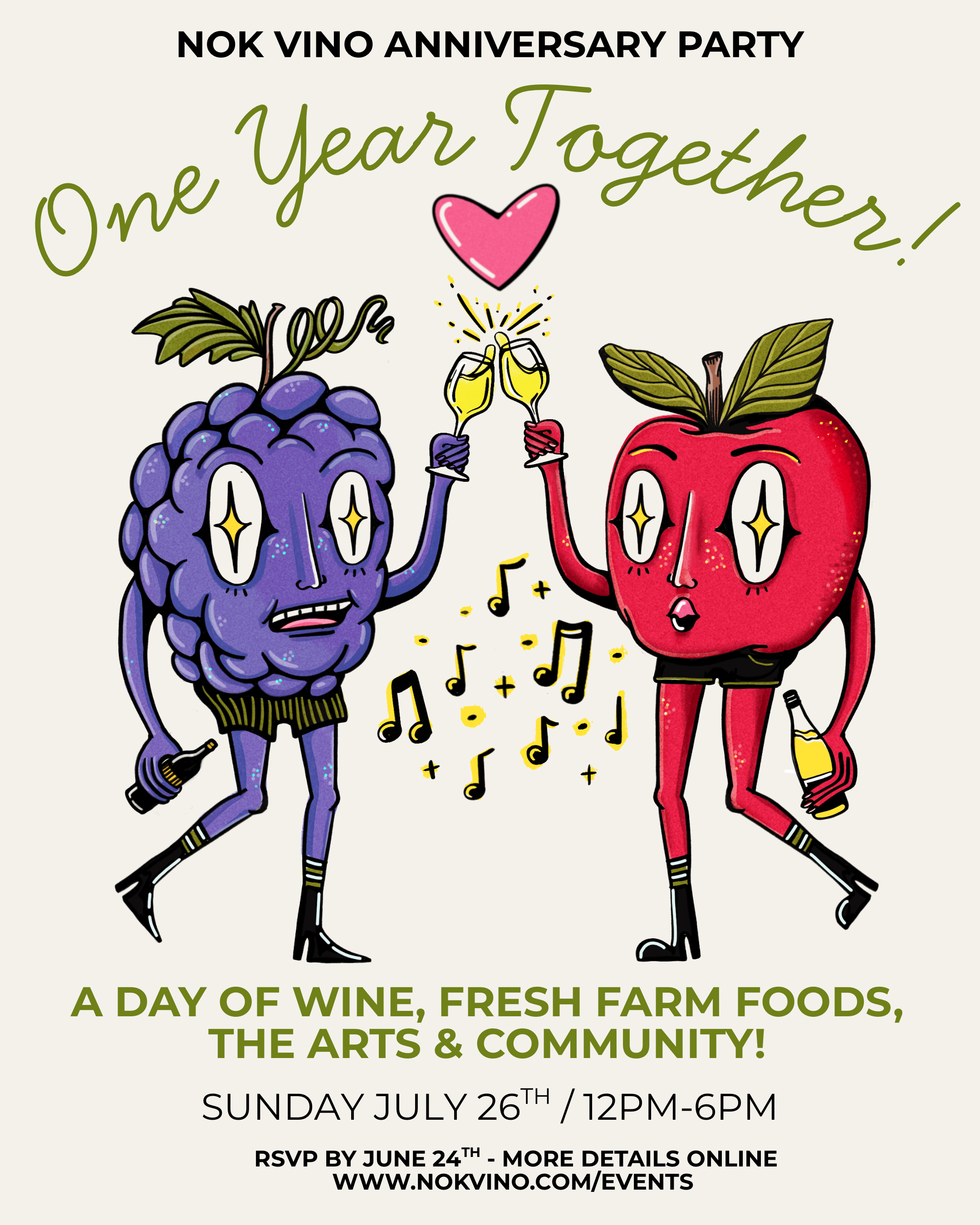 an anniversary party flyer depicting a cartoon apple and grape character together cheersing with white wine and musical notes around them.