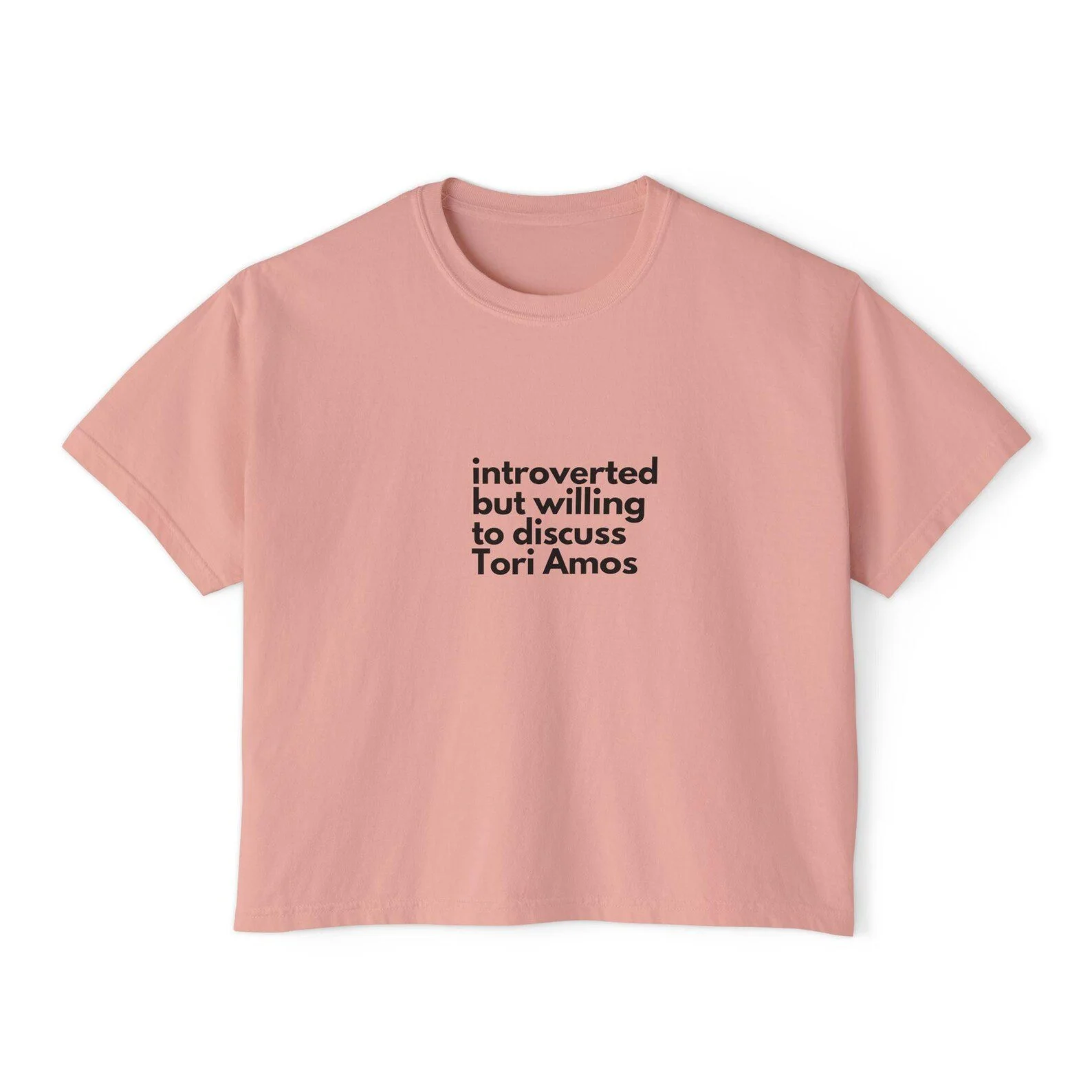 Pink T-shirt with black text that reads: "introverted but willing to discuss Tori Amos".