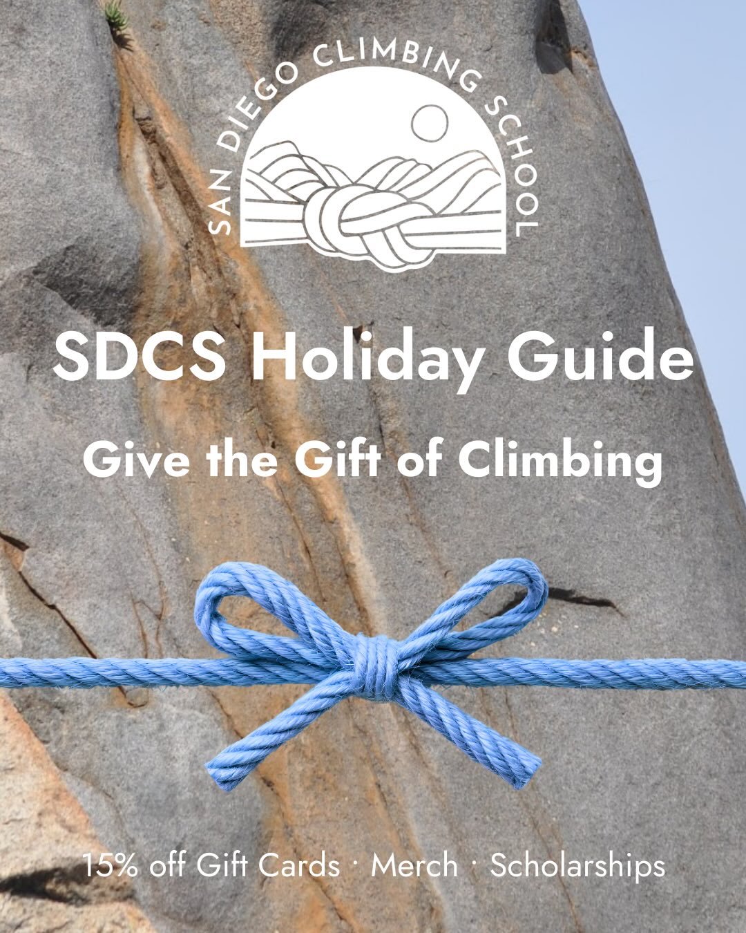 SDCS Holiday Gift Guide is here! Swipe &rarr; for three ways to support and celebrate climbing in San Diego:

15% Off Private Guiding Gift Cards: Gift an experience this year! Half-day or full-day sessions for private bookings of 2 or more people. Ho