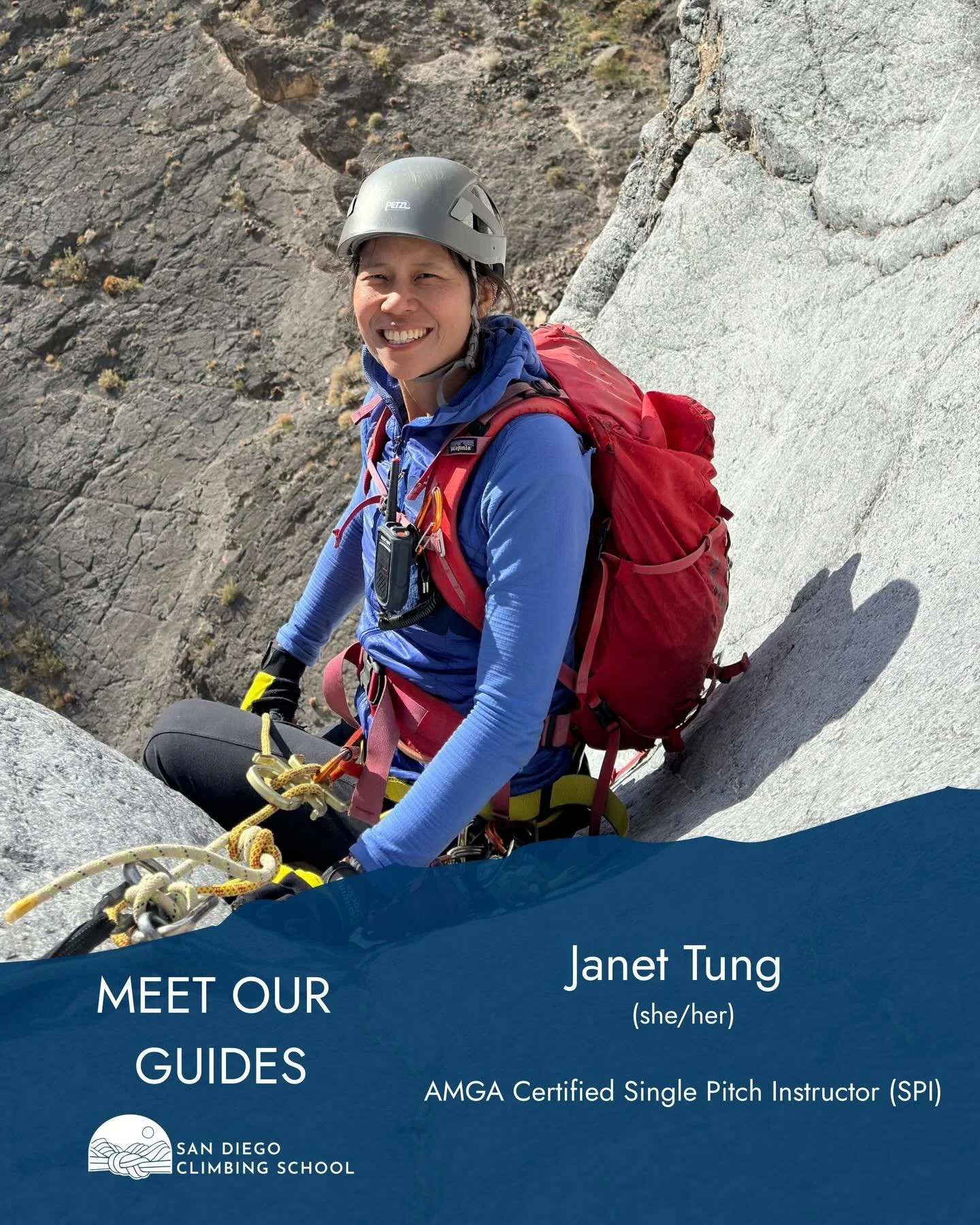 Welcome to the team, Janet!

Janet is an avid climber, AMGA Single Pitch Instructor, and passionate outdoor educator. She believes in climbing as a tool for growth, connection, and access. We are so fortunate to have her guiding with us here in San D