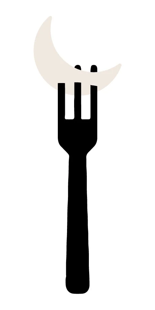 Silhouette of a fork with a crescent moon on the tines.