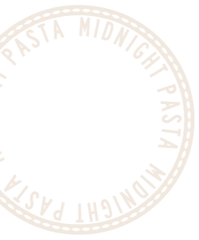 Black circular logo with white dotted border and text reading 'Pasta Midnight' repeated around the circle.