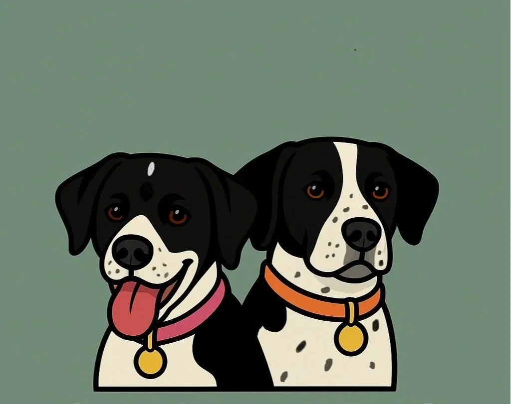 Illustration of two black and white dogs with orange and pink collars, sitting side by side against a green background.