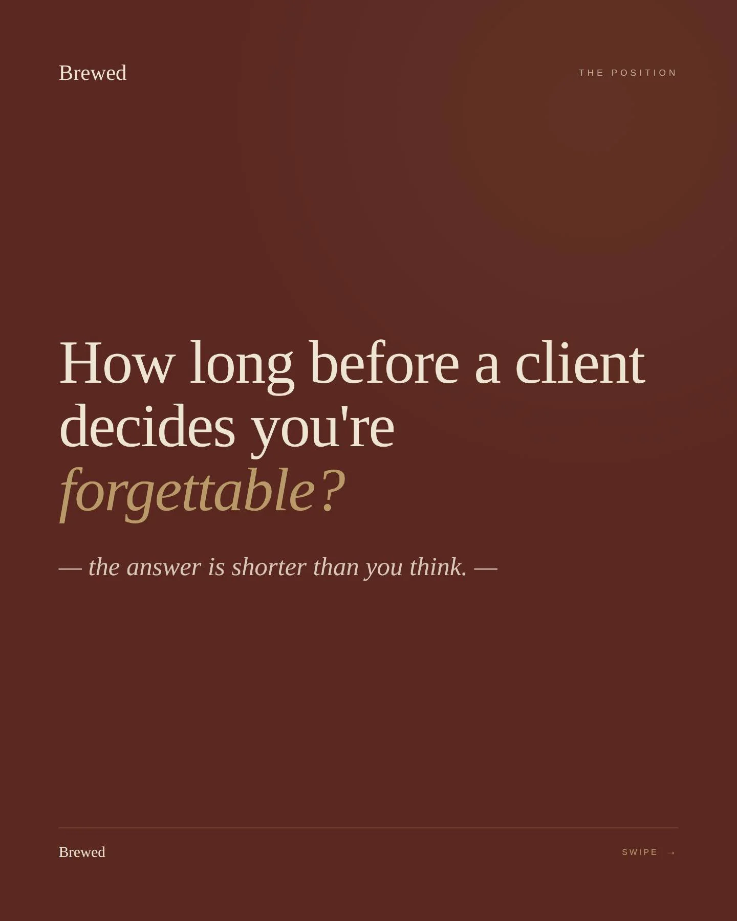 Eight seconds. That's all a client gives you before deciding who you are.
You can be the best in your category and still get scrolled past &mdash; not because the work isn't good, but because nothing on the screen said so.

The fix isn't more content