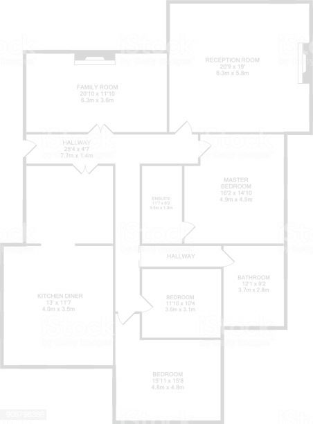 Floor plan of a house showing a family room, reception room, kitchen, dining area, three bedrooms, two bathrooms, and hallways.