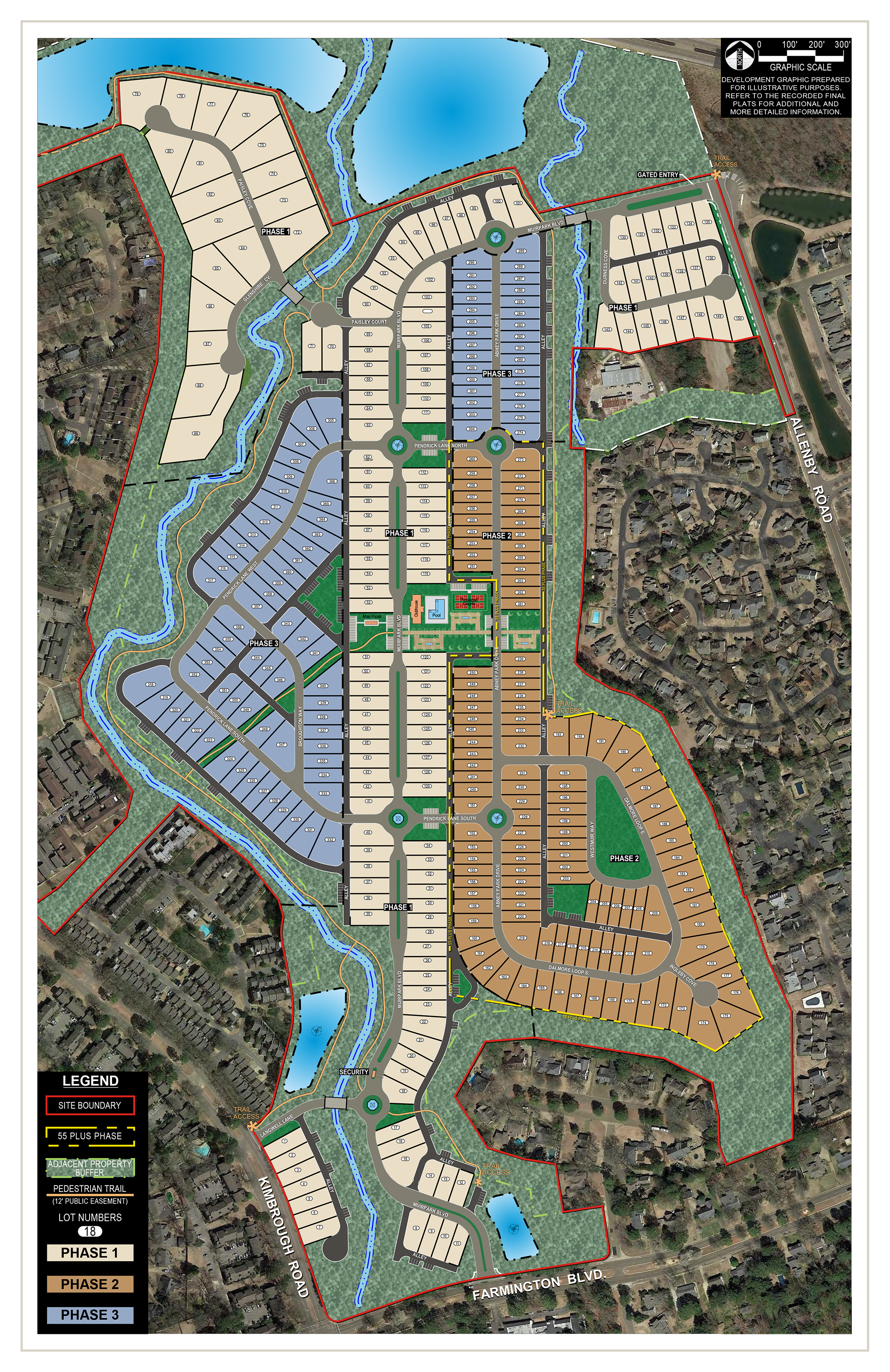 Site plan map of a residential development with labeled phases, roads, bodies of water, and property boundaries, including legend and street names.