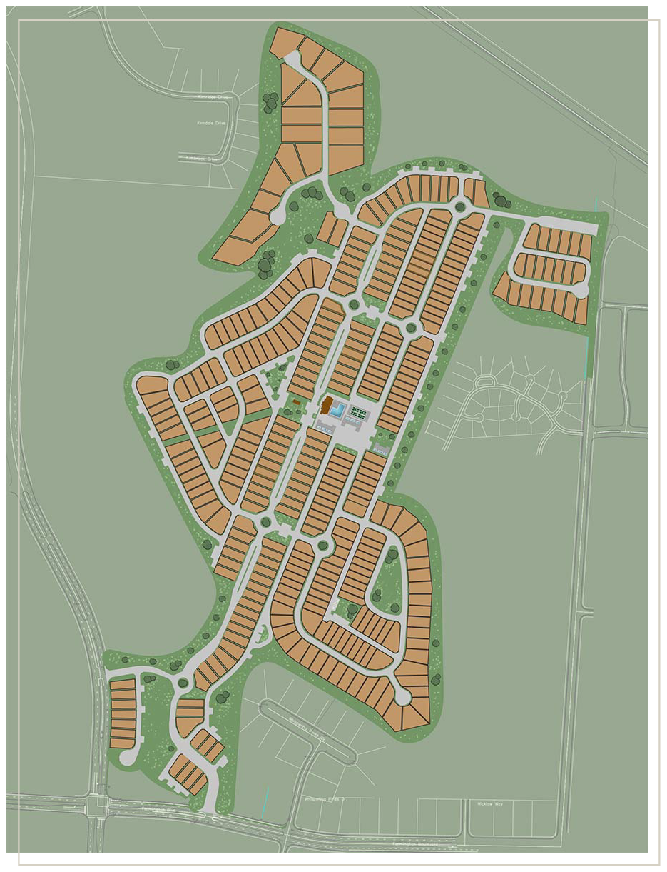 A detailed map of a residential neighborhood with streets, houses, green spaces, and roundabouts.
