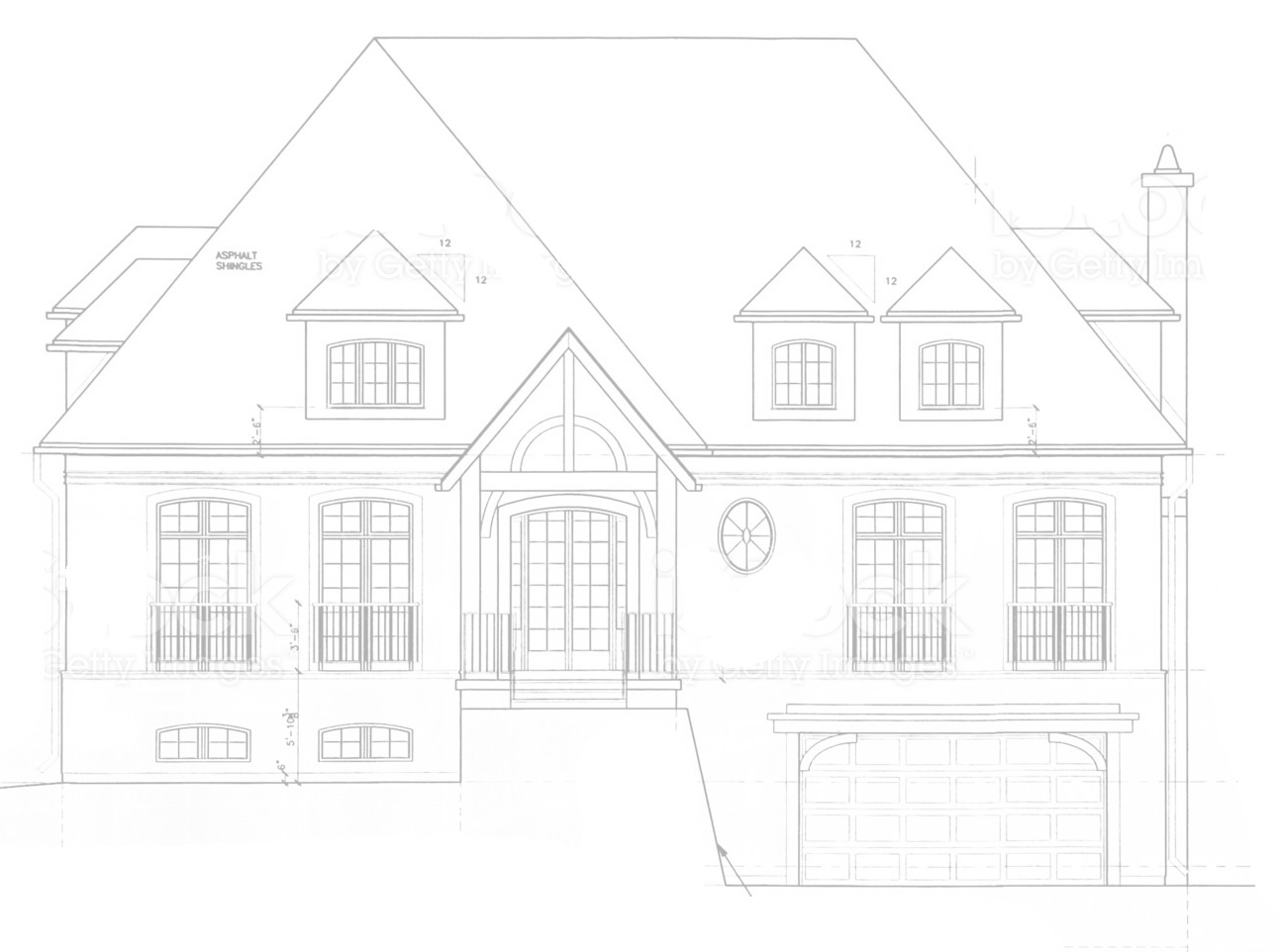 Black and white architectural blueprint of a house with multiple upper dormer windows, a front porch with columns, a circular window, and a garage door, including roof and exterior wall details.