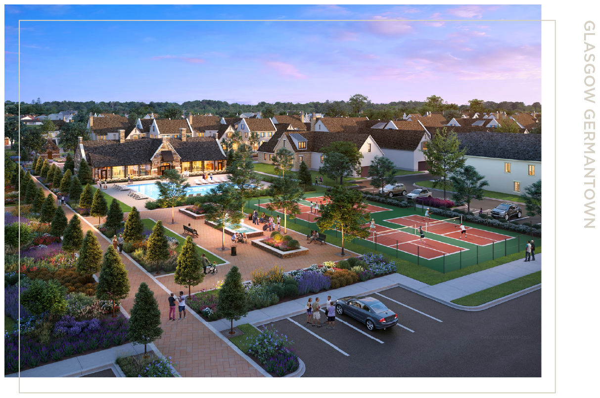 Glasgow, A residential community with a clubhouse, swimming pool, tennis courts, walking paths, landscaped gardens, and parked cars, under a colorful sky.