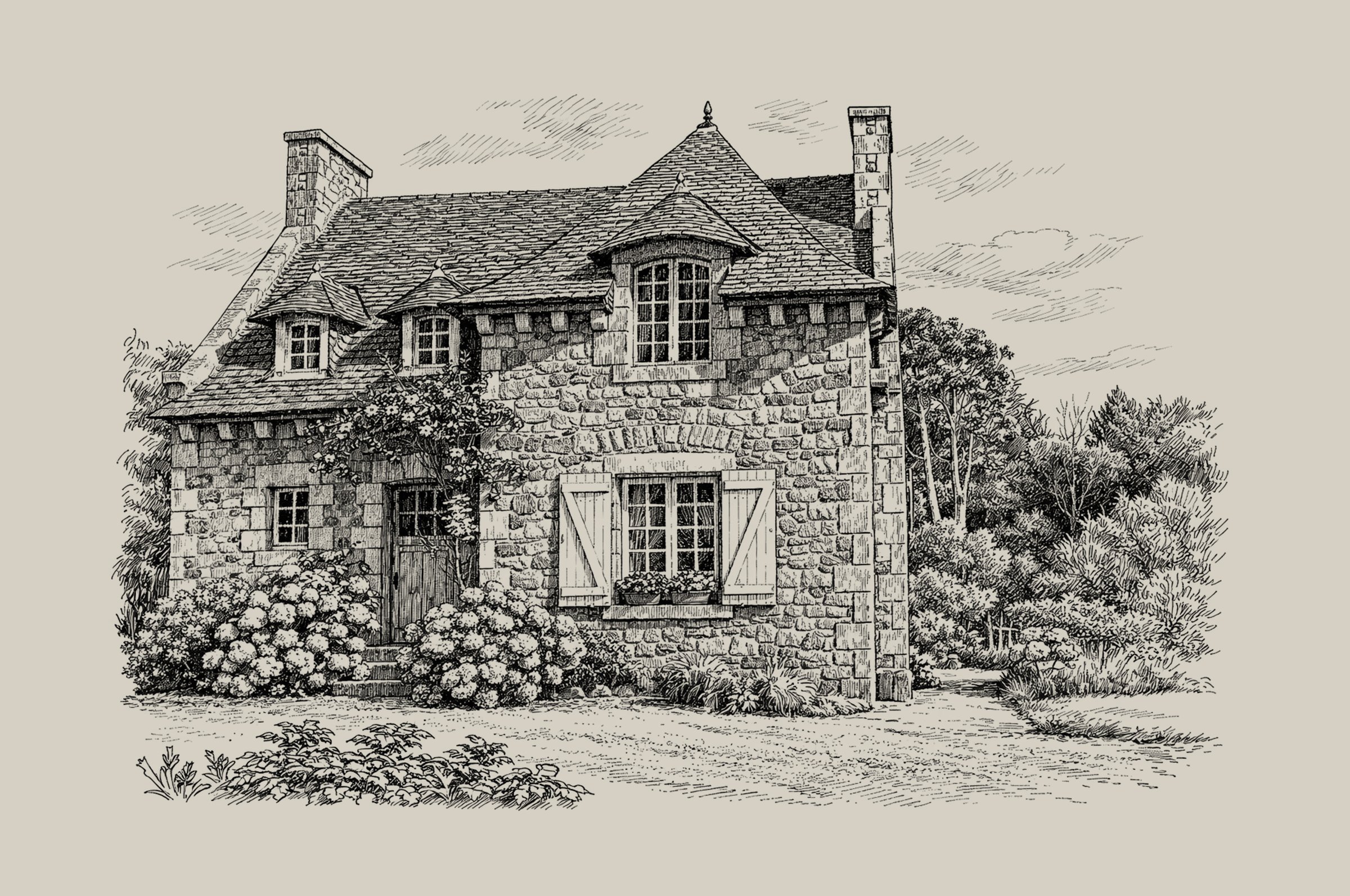 Black and white sketch of a stone house with a steep roof, dormer windows, and a large central window, surrounded by trees and bushes.