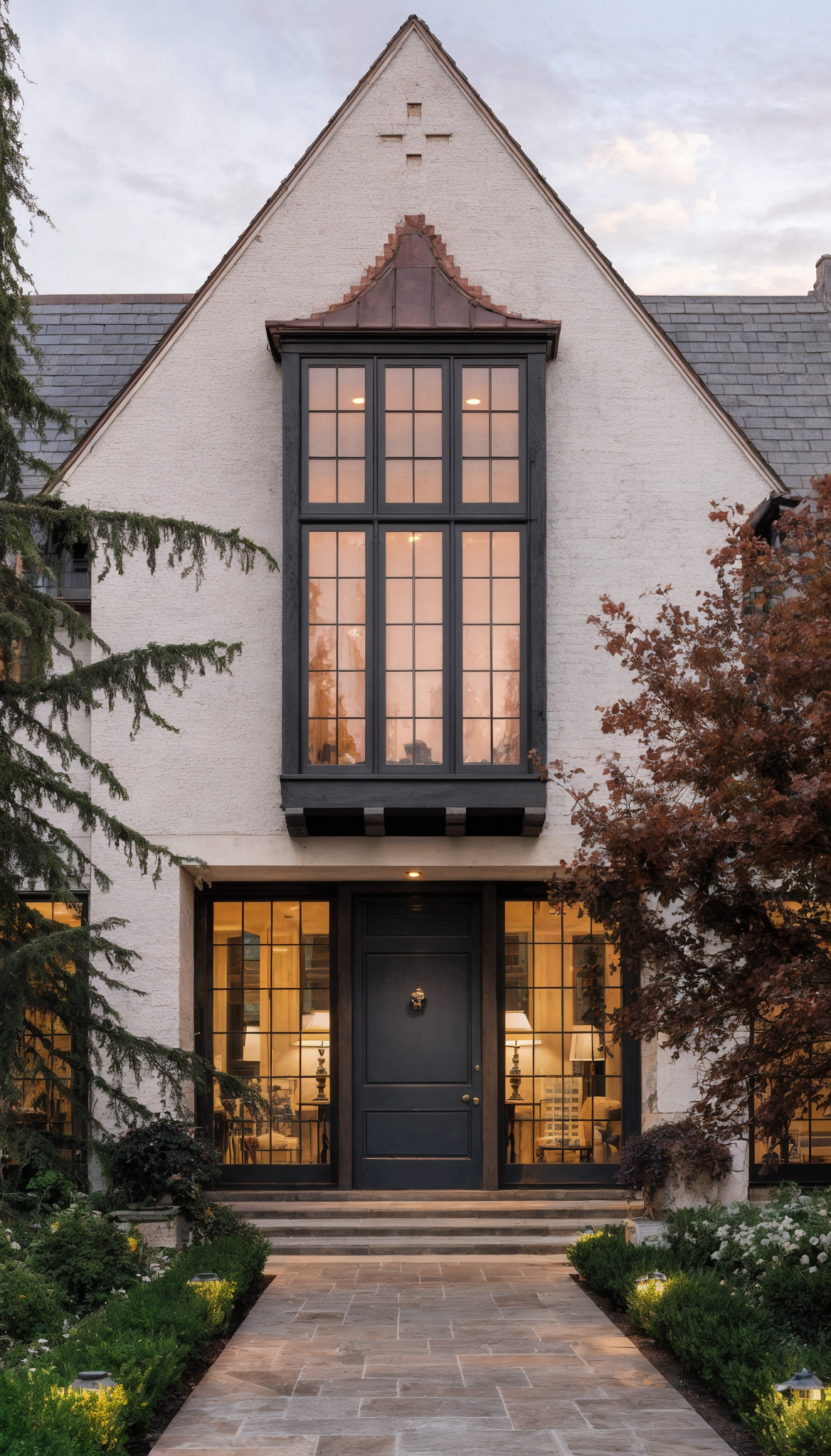 Front view of a house with a dark blue door, large multi-pane windows, and a peaked roof. The house is surrounded by a landscaped garden with a stone pathway, bushes, and trees, illuminated by small ground lights.