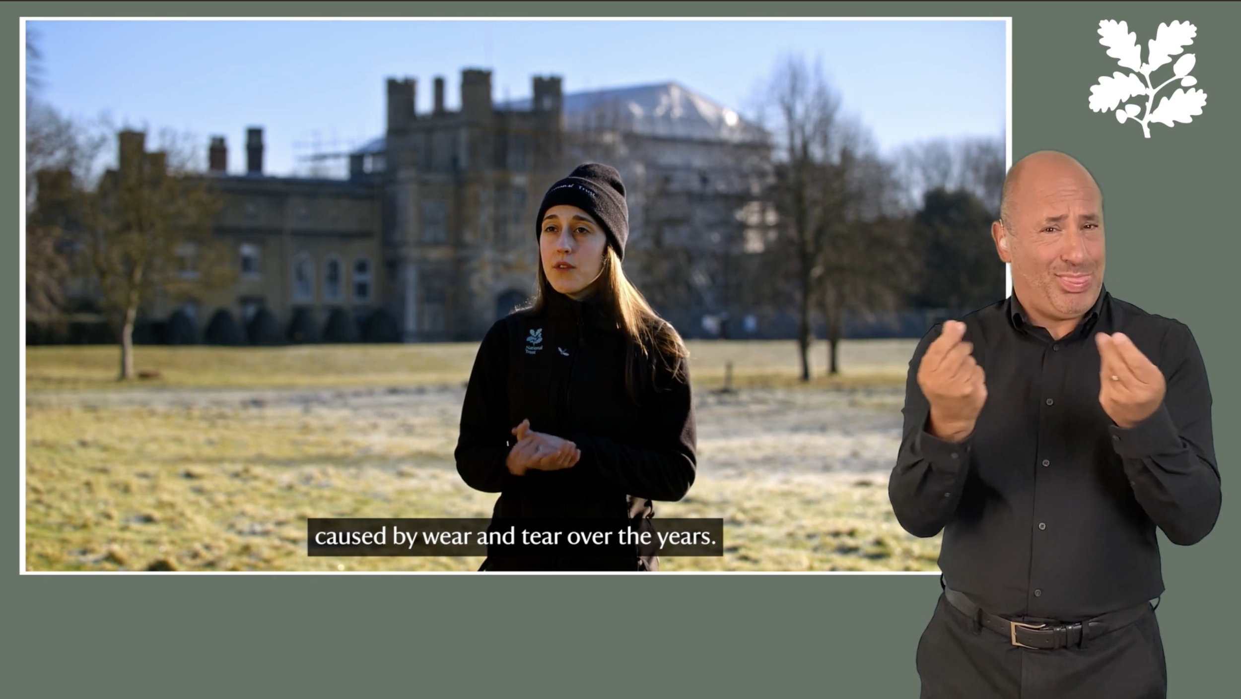 A screenshot from a National Trust video with an In Vision BSL signer