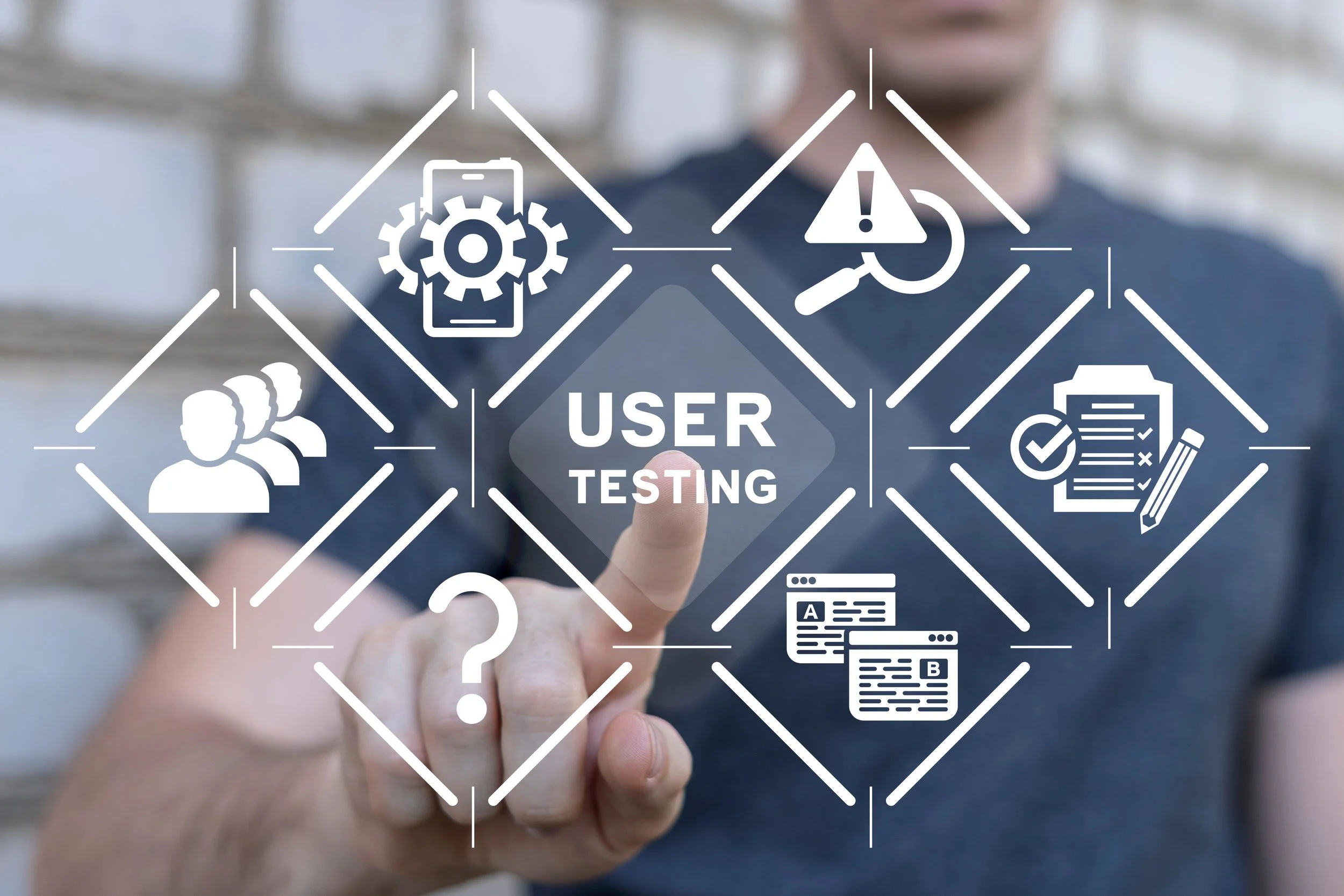 Fingers pointing at 'user testing' on a two-way screen. Other images include a question mark, a magnifying glass with alert triangle, a group of 3 people
