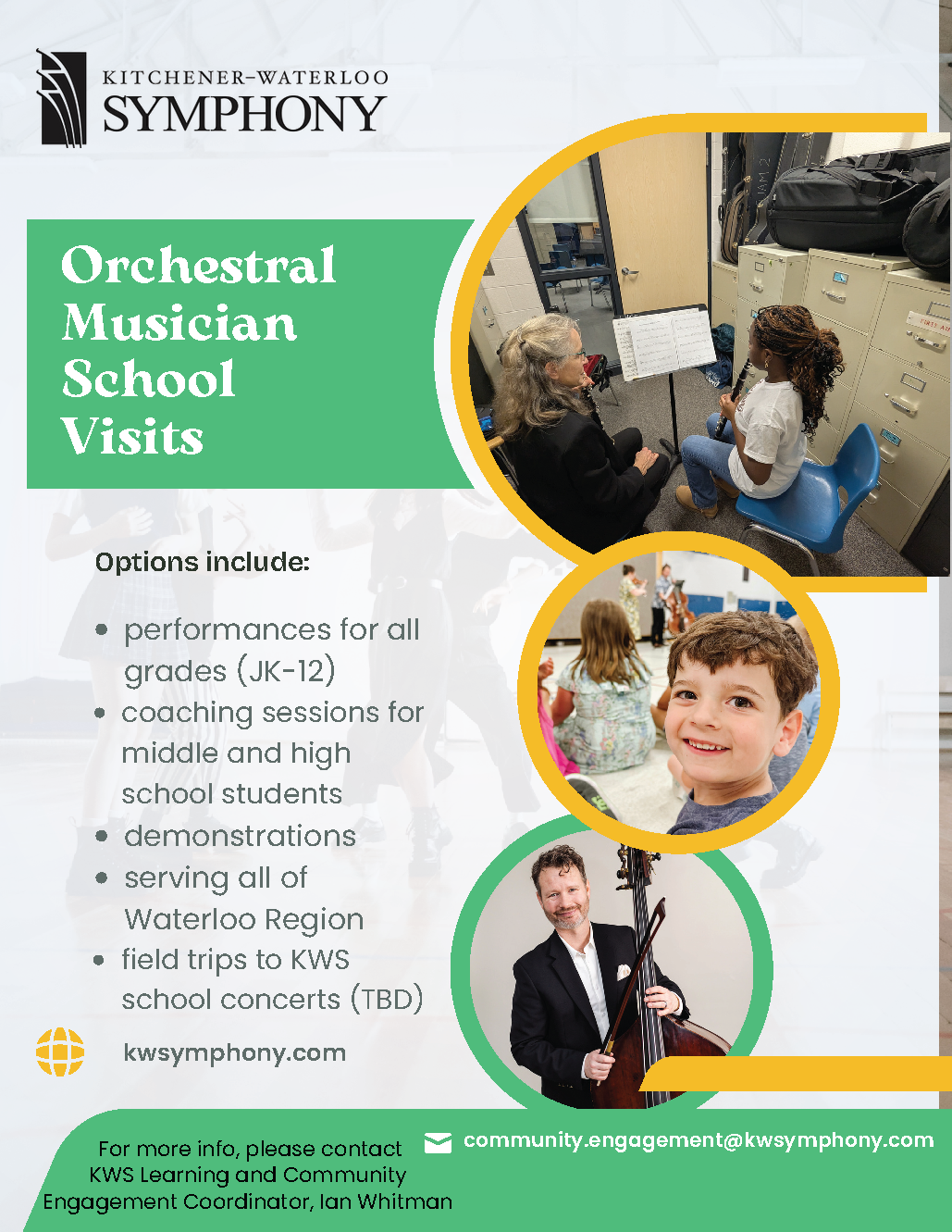 Poster for orchestral musician school visits including performances for all grades, serving all of Waterloo Region