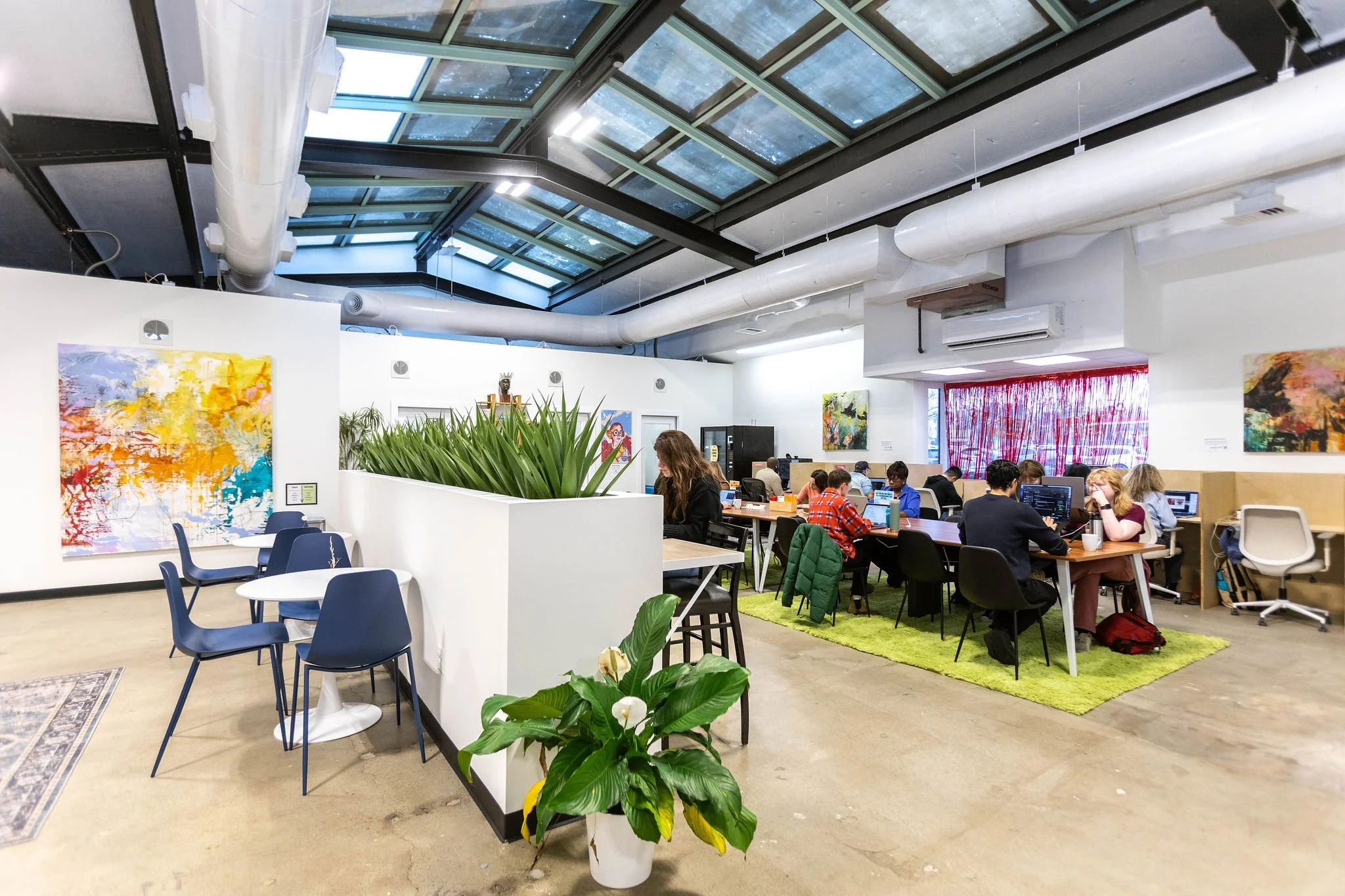 People working on laptops at tables in a modern, brightly lit office or coworking space with colorful artwork on the walls, a green rug, and an indoor plant in the foreground.