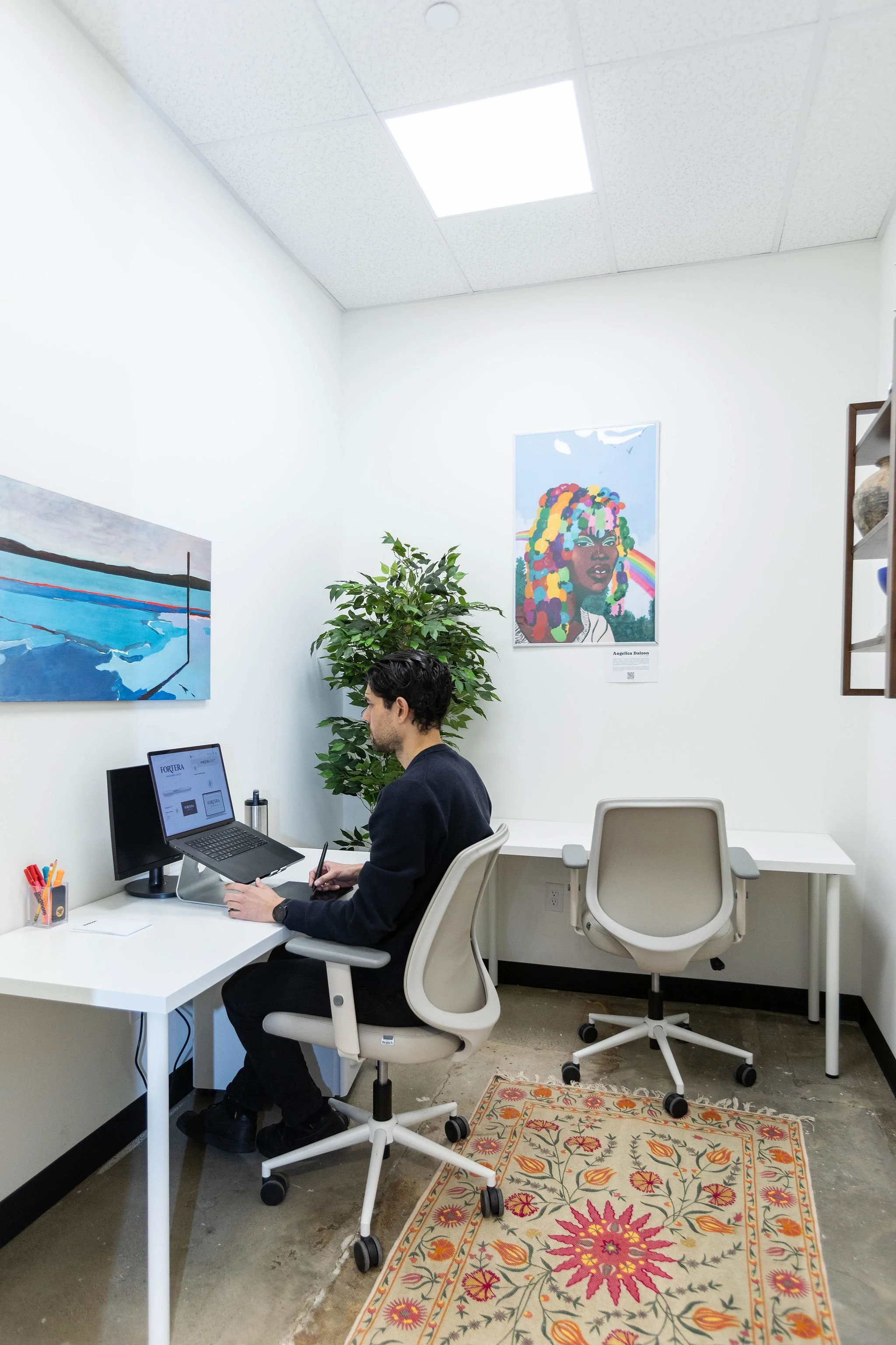 A person working at a desk in a small office with white walls, colorful artwork, a plant, and a patterned rug.
