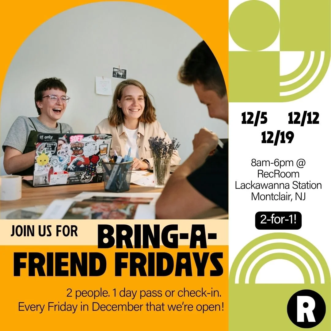 Tag your buddy &amp; tell 'em they're coming with you to RecRoom tomorrow! ⬇️

1️⃣ day pass or visit gets you entry for 2️⃣ on 12/12 (and 12/19, for you planners out there!).

Because coworking is more fun with friends...especially when it's cold out
