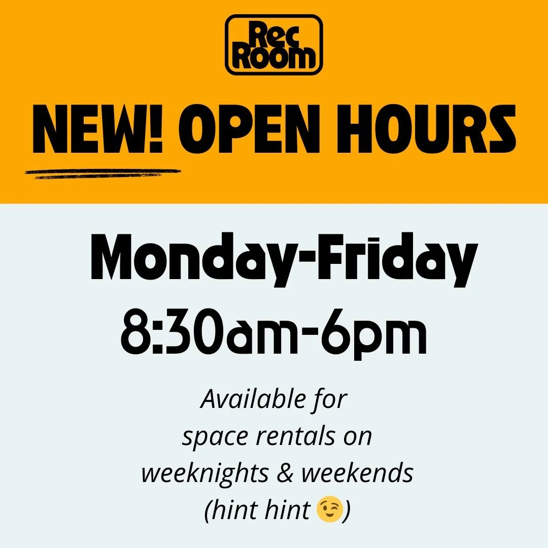 Hi RecRoom friends! 🎉
We&rsquo;re shifting our hours to better serve our community! 📄🗄️📎 We&rsquo;re now open Monday&ndash;Friday from 8:30am&ndash;6pm for all your coworking needs.
We&rsquo;re excited to offer weeknight + weekend rentals so the 