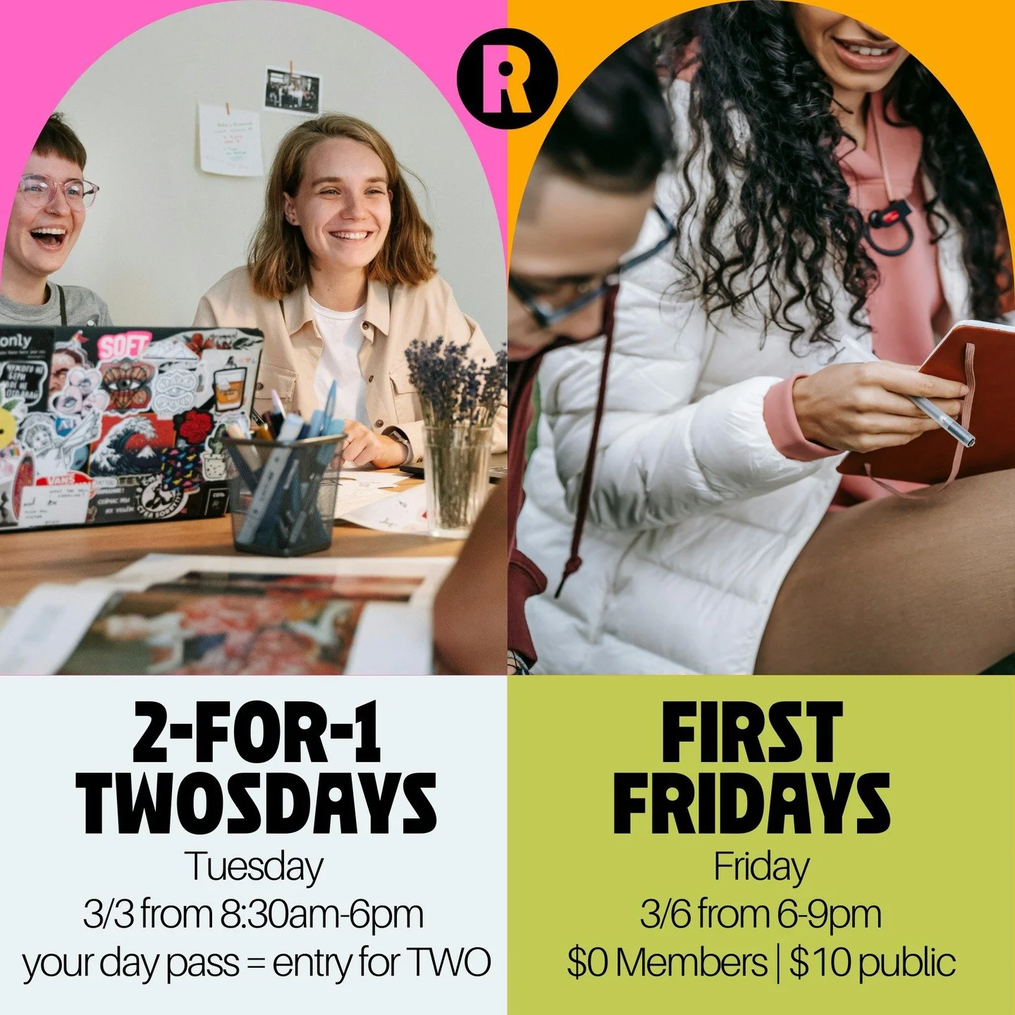 👋 Montclair !

Two reasons to hang at Rec Room NJ this month:

✨ 2-for-1 Twosdays (1st Tuesday)
$30 = you + a buddy coworking all day.
No codes. Just show up &amp; check in (Friend 1 first 😉)

🌙 First Fridays @ Lackawanna Station
Members = FREE.
E