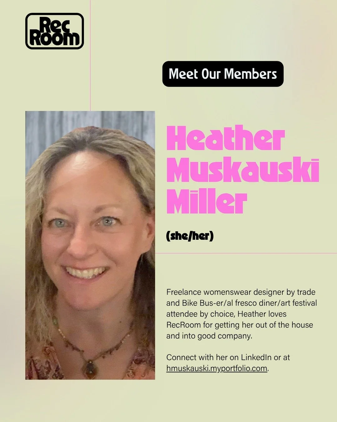 🌟 Member Spotlight: Heather M. 🌟

Say hello to Heather, a Montclair-based freelance womenswear designer and part of the RecRoom pickleball club! We asked her a few questions - here's what she had to say! 👇

💼 What do you do for work? "I'm a 