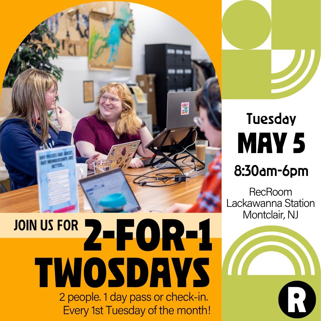 TOMORROW, your day pass = entry for TWO.

Every 1st Tuesday of the month that means you and a buddy can cowork, jam, and caffeinate together for just $30.

No codes. No awkward signup hoops. Just great vibes, great company &amp; a great deal.

Work v