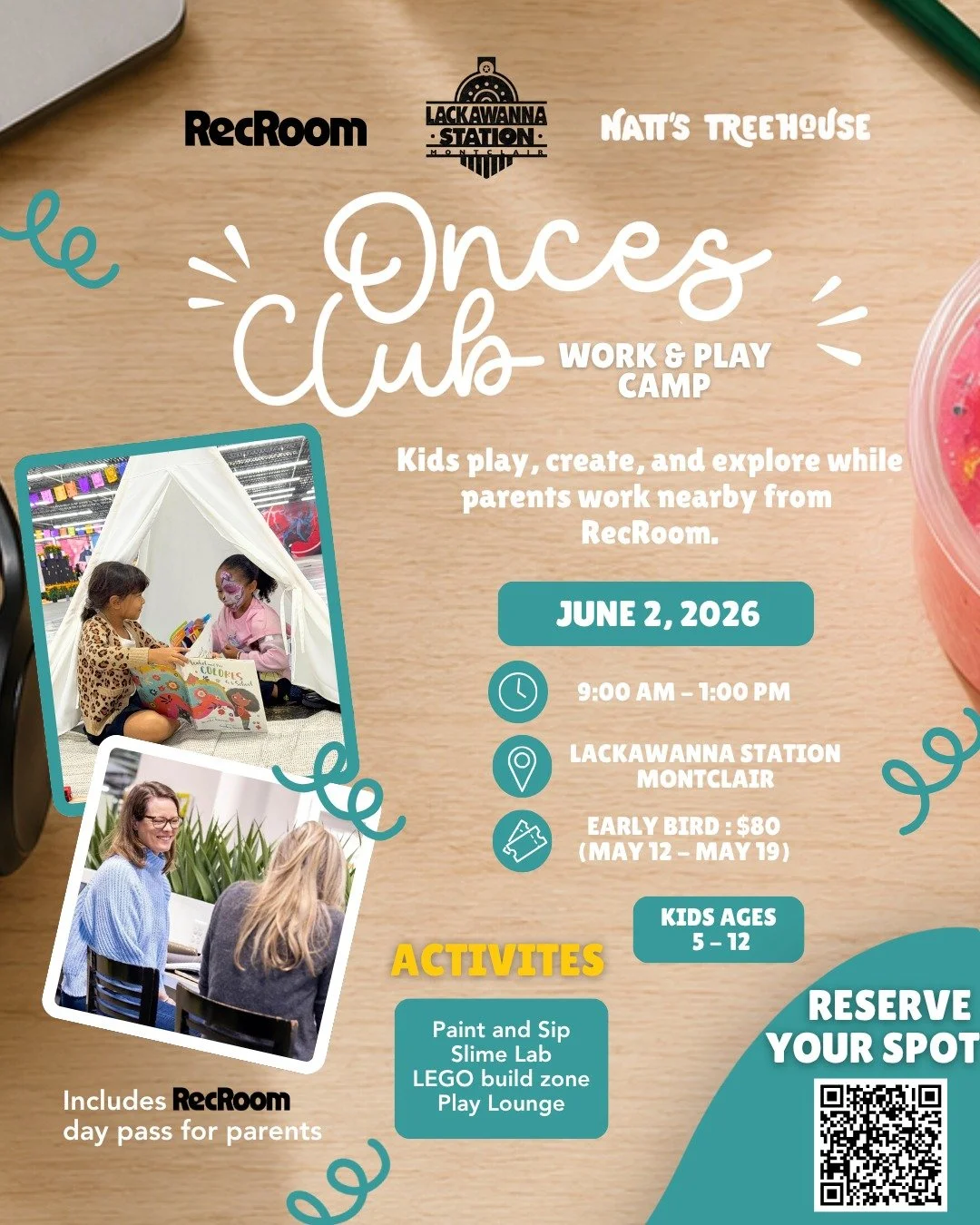 While you work, they create - that's what ONCES Club: Work &amp; Play Camp is all about!

A new kind of school-off day experience from ONCES Club &times; @recroomnj x @lackawannastation 

What's included: 
💼 a RecRoom day pass for parents
🎨 Paint &